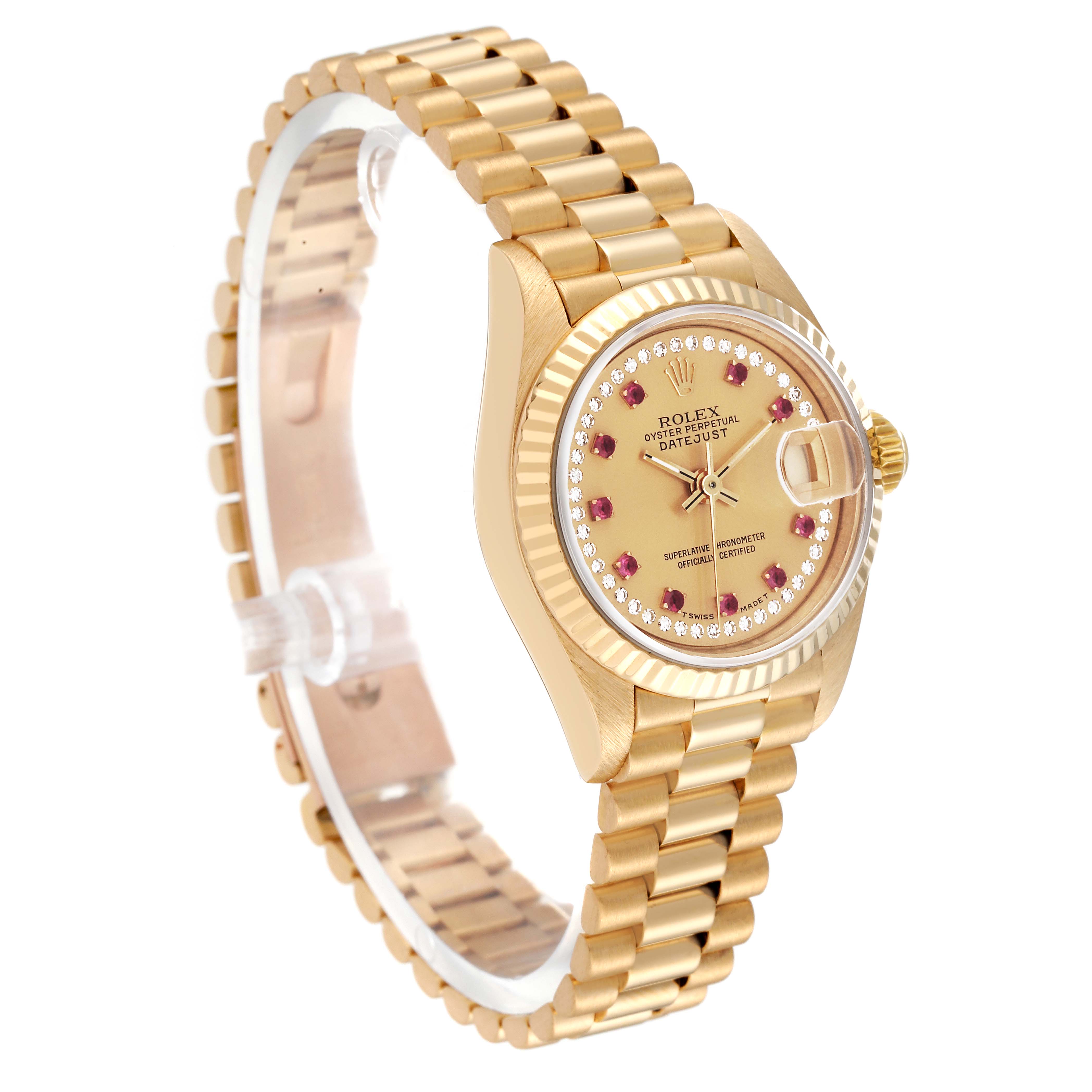 The image shows a Rolex President 69178 Women's Yellow Gold Champagne Dial 69178 Women's Yellow Gold Champagne Dial watch at a three-quarter angle, highlighting its gold bracelet, fluted bezel, and diamond-set dial.