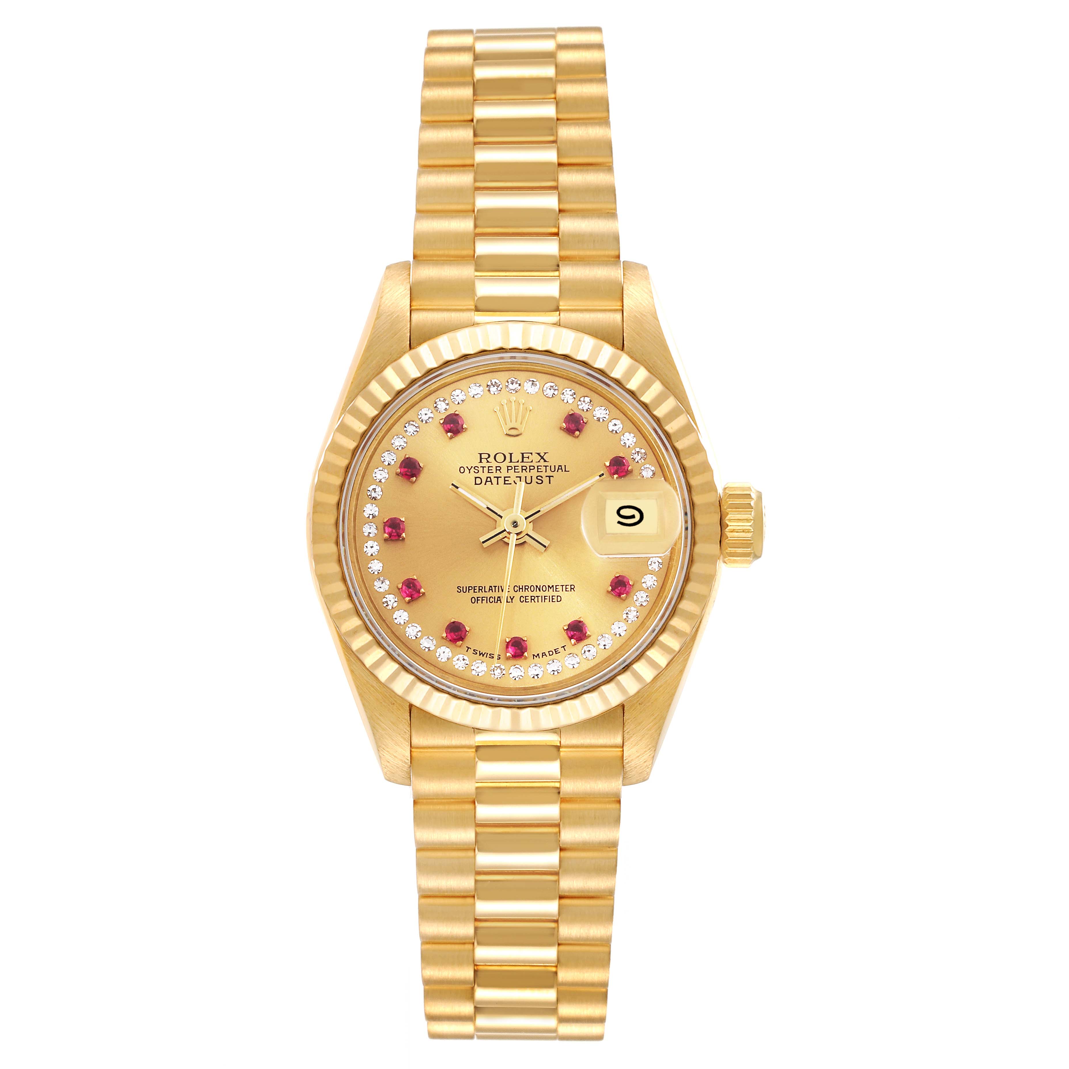 The image shows a frontal view of a Rolex President 69178 Women's Yellow Gold Champagne Dial 69178 Women's Yellow Gold Champagne Dial model watch, highlighting the dial, watch hands, date window, bezel, and bracelet.