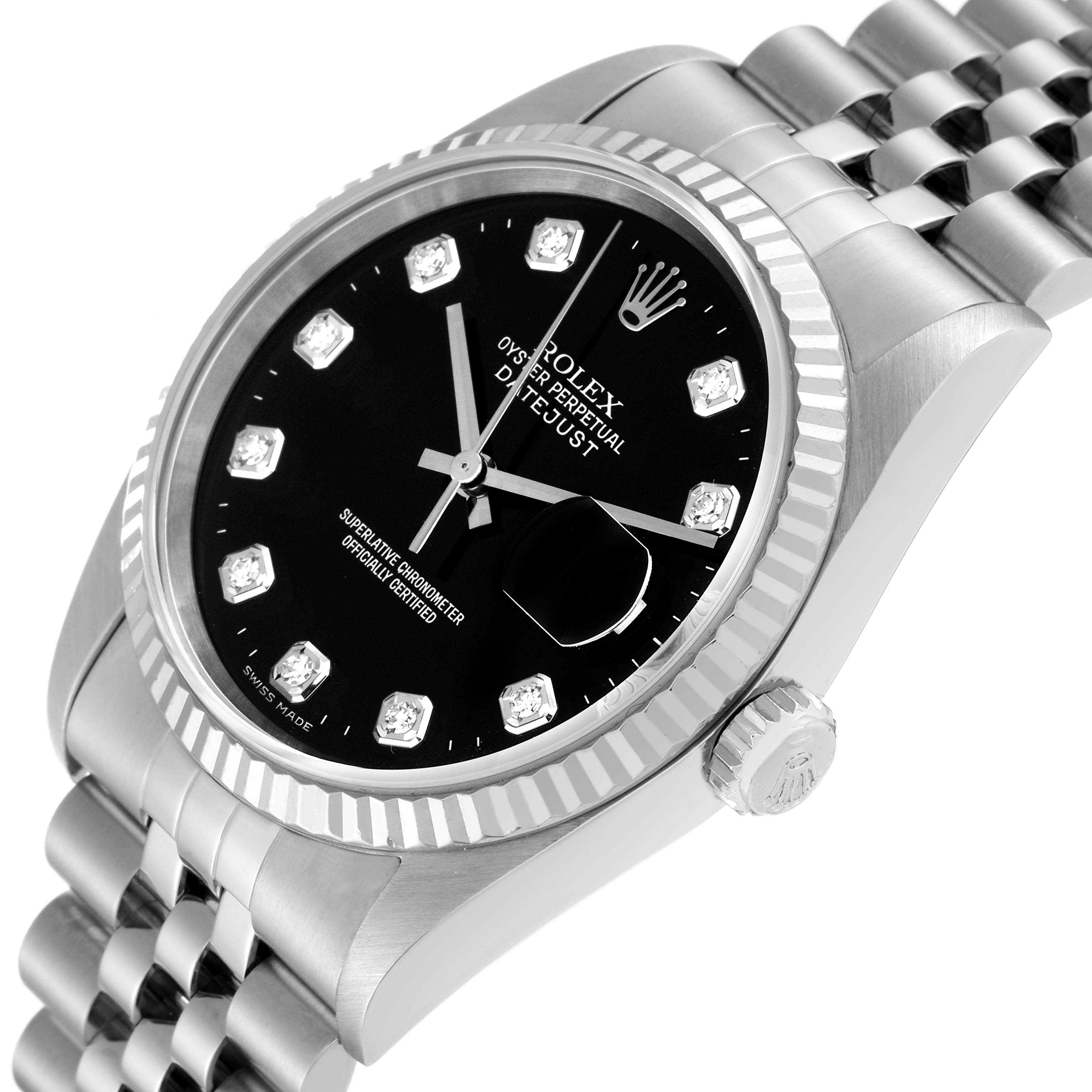 This Rolex Datejust 16234 Men's Stainless Steel Black Dial 16234 Men's Stainless Steel Black Dial watch is shown at an angled close-up, highlighting the dial, bezel, crown, and bracelet.