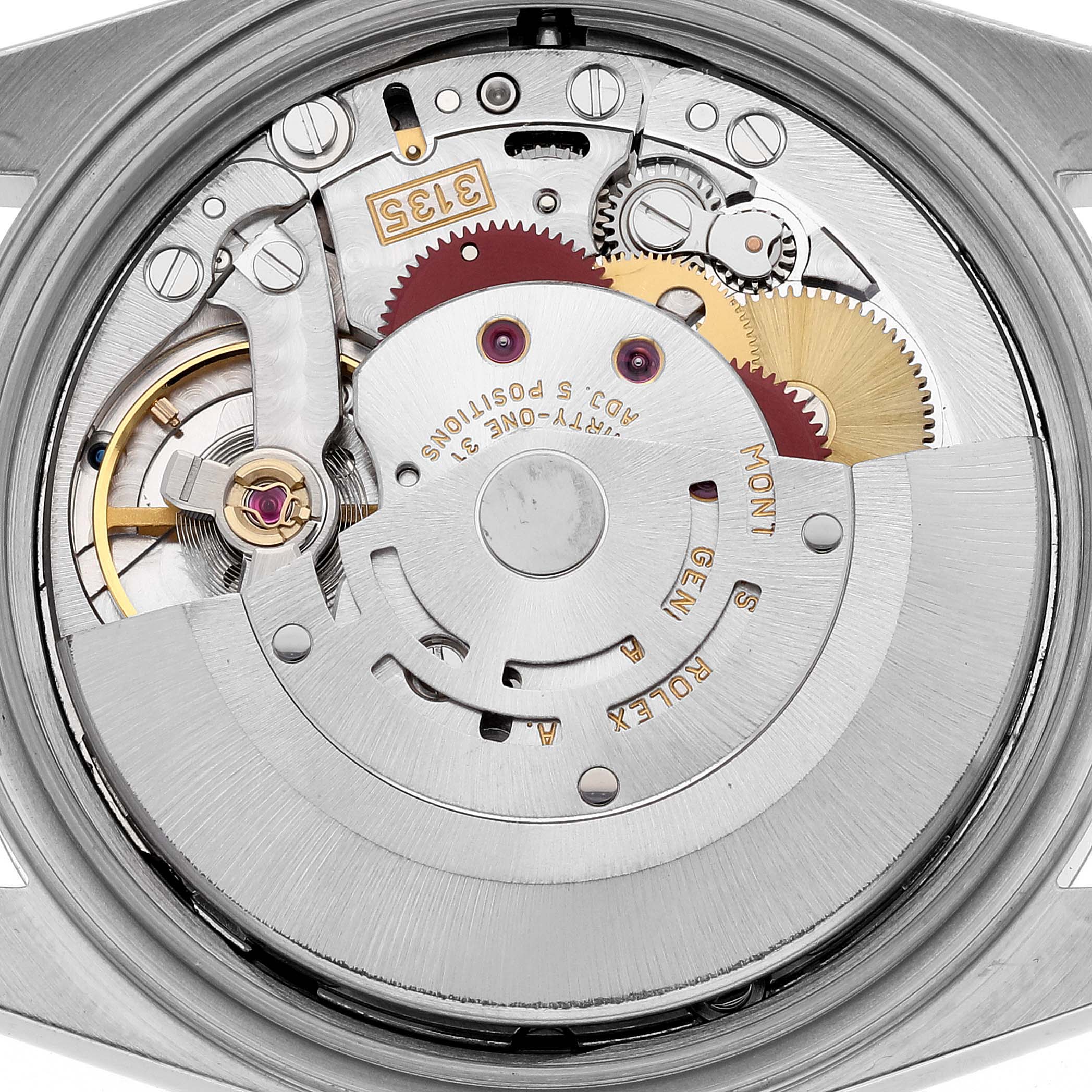 The image shows the mechanical movement and inner workings of a Rolex Datejust 16234 Men's Stainless Steel Black Dial 16234 Men's Stainless Steel Black Dial watch from the back.