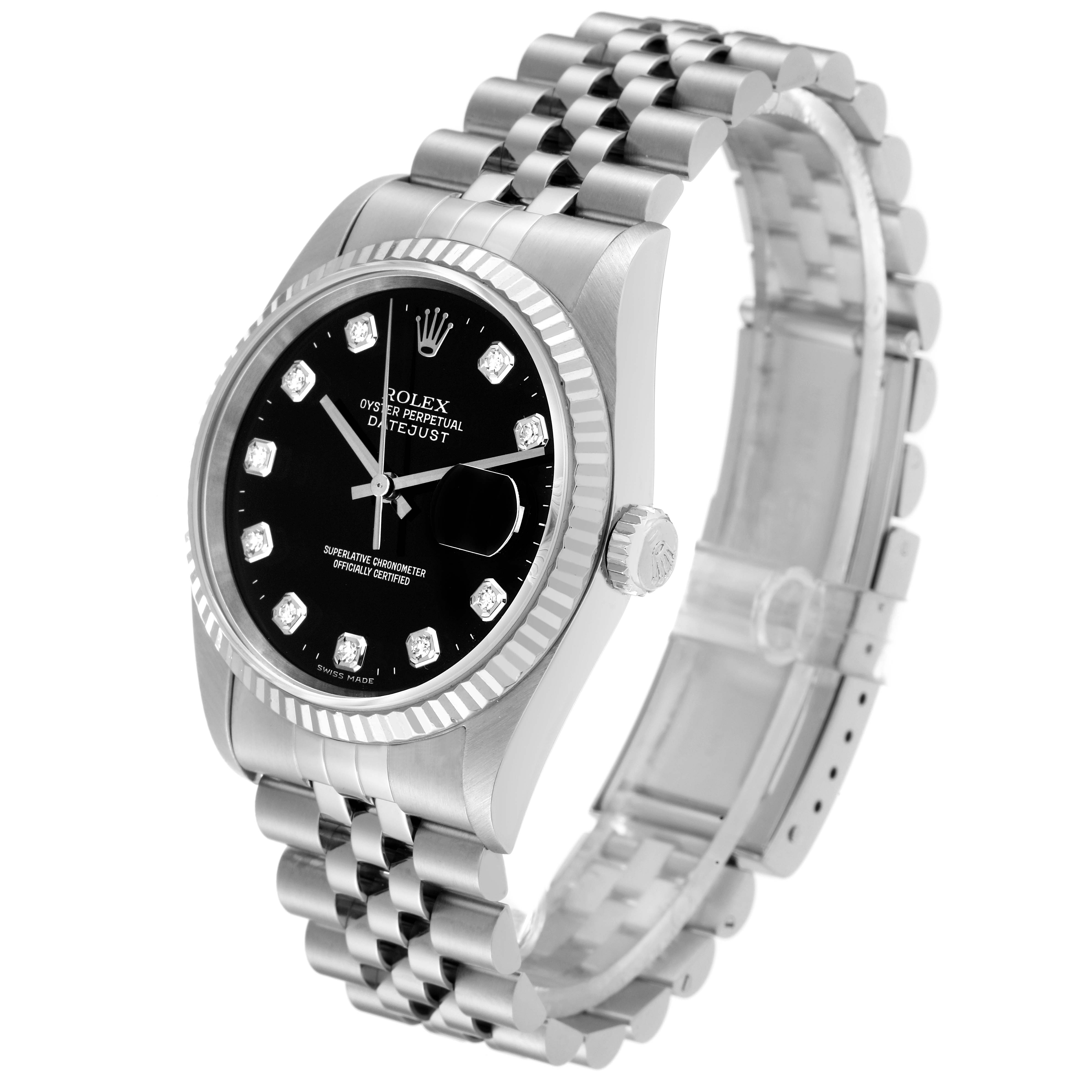 This image shows a side and frontal angle of the Rolex Datejust 16234 Men's Stainless Steel Black Dial 16234 Men's Stainless Steel Black Dial watch, highlighting its dial, bezel, and Jubilee bracelet.