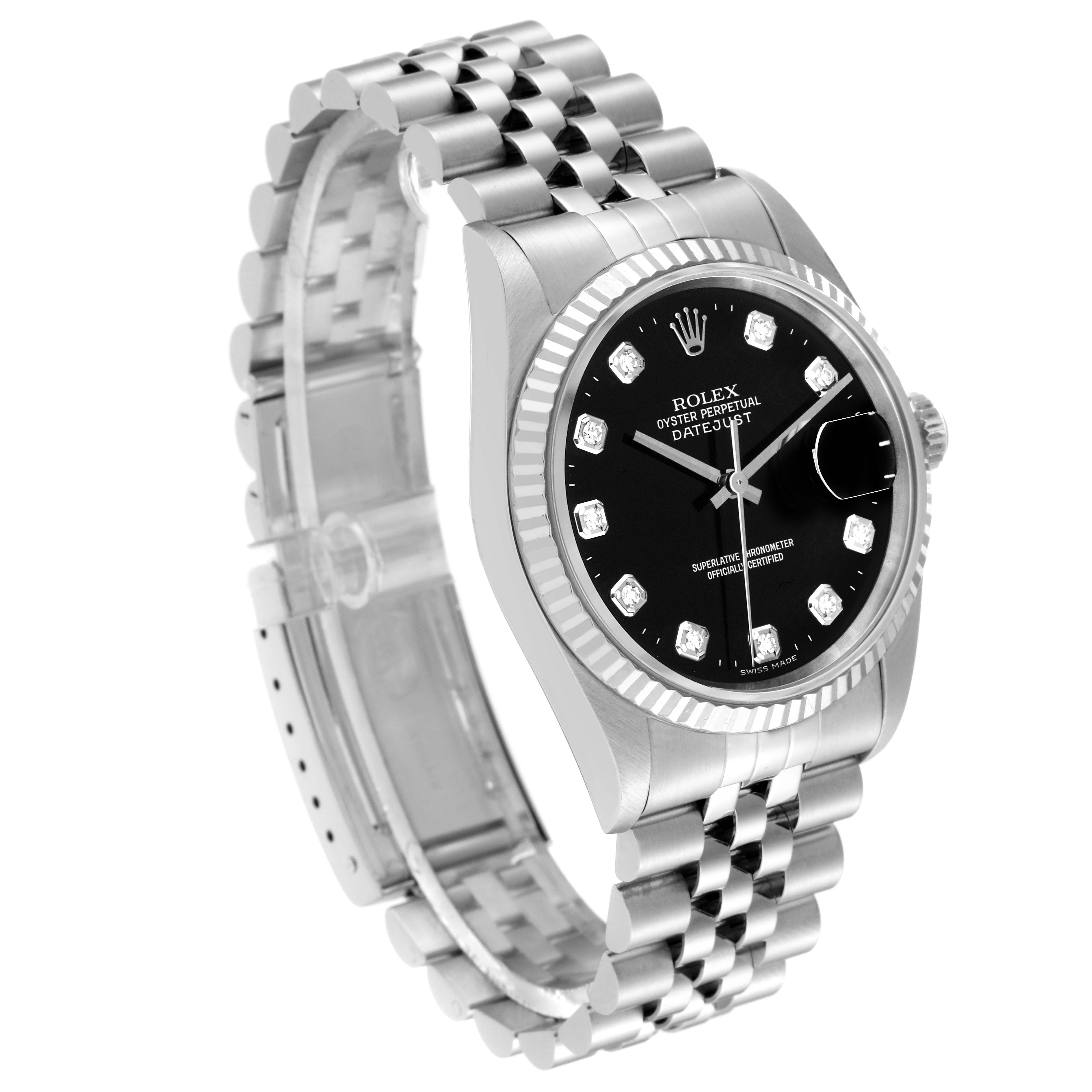 The image shows a Rolex Datejust 16234 Men's Stainless Steel Black Dial 16234 Men's Stainless Steel Black Dial watch at an angled side view, highlighting its bracelet, case, bezel, and dial.