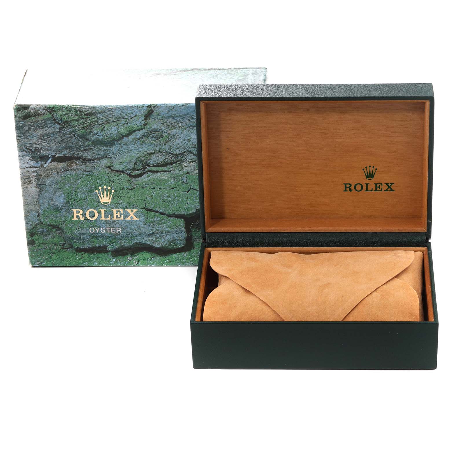 The image shows an open Rolex Datejust 16234 Men's Stainless Steel Black Dial 16234 Men's Stainless Steel Black Dial watch box with a tan watch pouch inside and an outer green Rolex Oyster box.