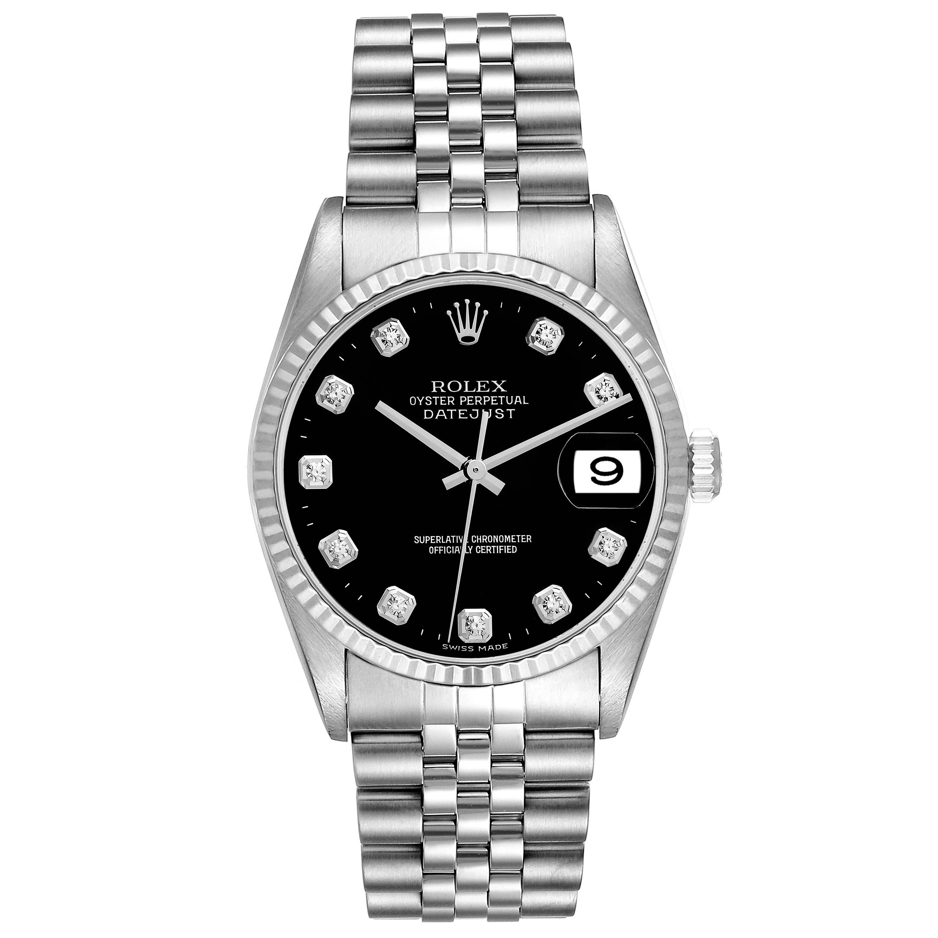 The image shows a front view of a Rolex Datejust 16234 Men's Stainless Steel Black Dial 16234 Men's Stainless Steel Black Dial watch, displaying the face, bezel, crown, and bracelet.