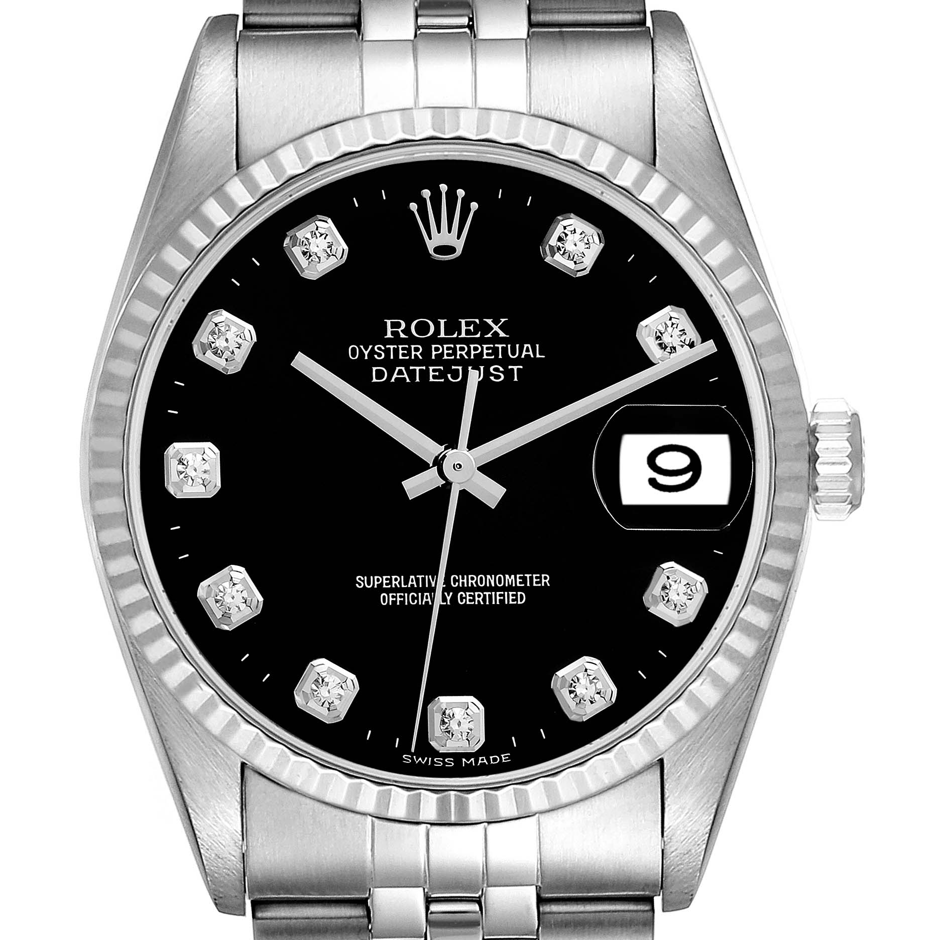 The image shows the dial, bezel, and part of the bracelet of a Rolex Datejust 16234 Men's Stainless Steel Black Dial 16234 Men's Stainless Steel Black Dial watch with a black face and date display.
