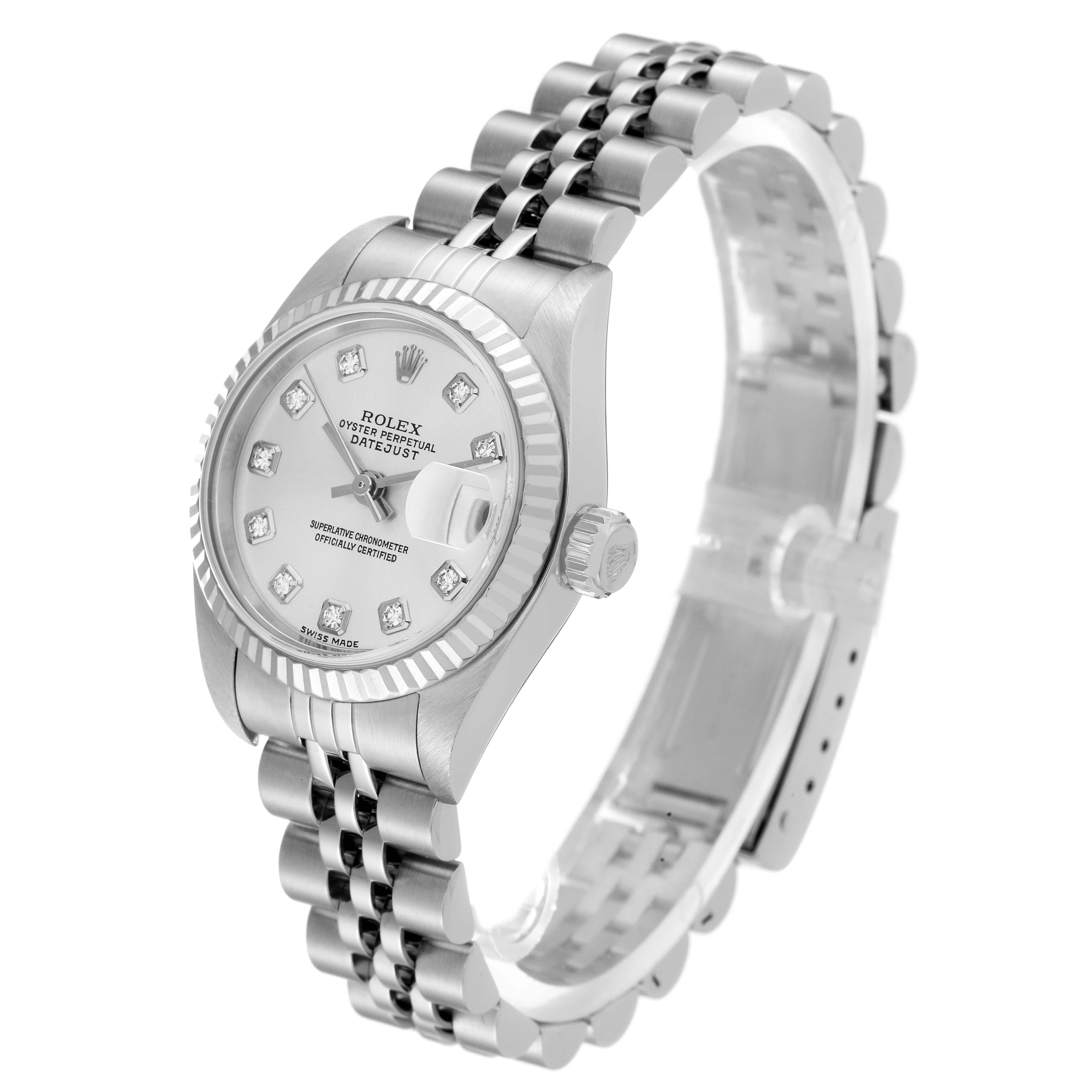 The image shows a Rolex Datejust 79174 Women's Stainless Steel Silver Dial 79174 Women's Stainless Steel Silver Dial watch at a slight angle, highlighting the dial, bezel, and bracelet.