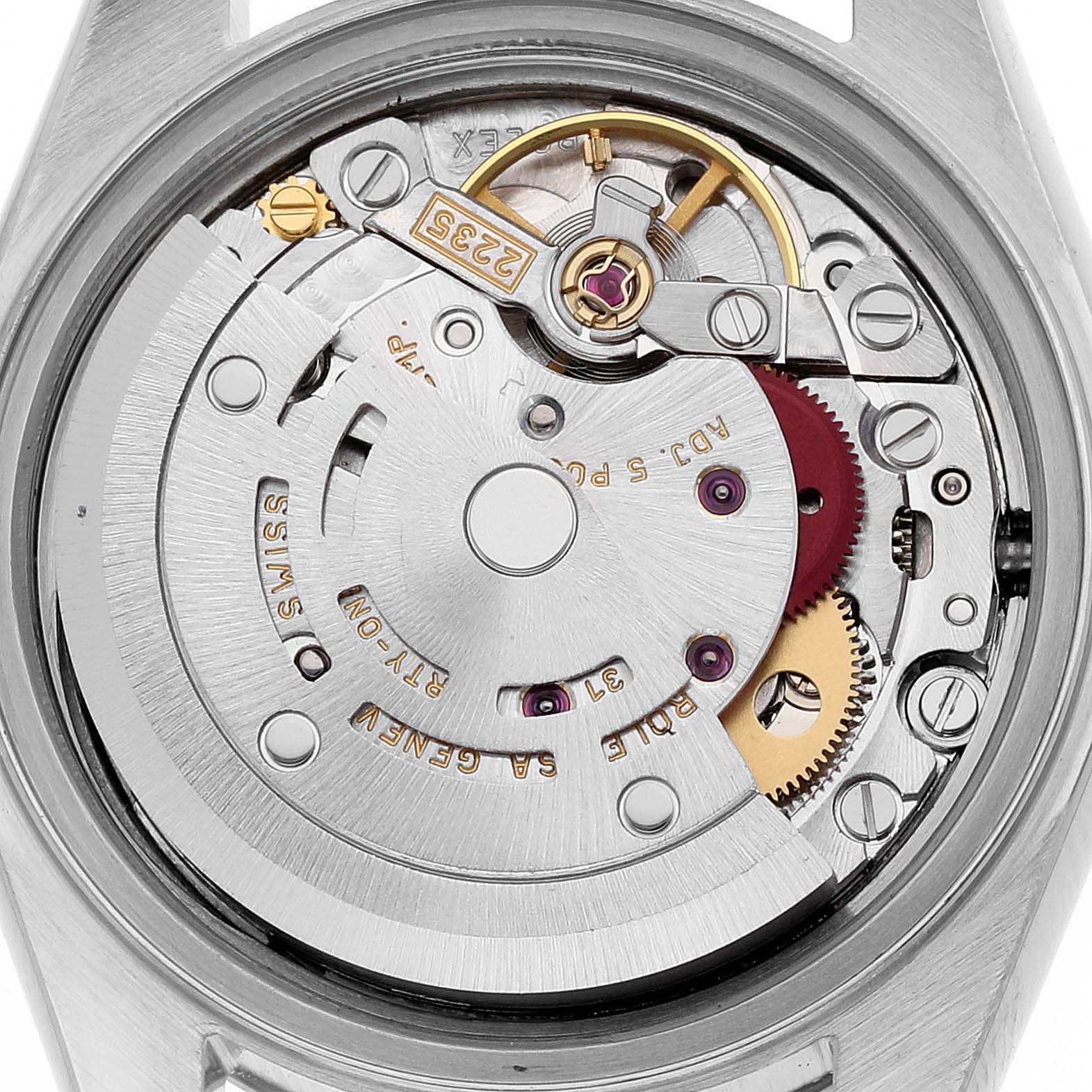 The image shows the movement mechanism of a Rolex Datejust 79174 Women's Stainless Steel Silver Dial 79174 Women's Stainless Steel Silver Dial watch from a back view angle.