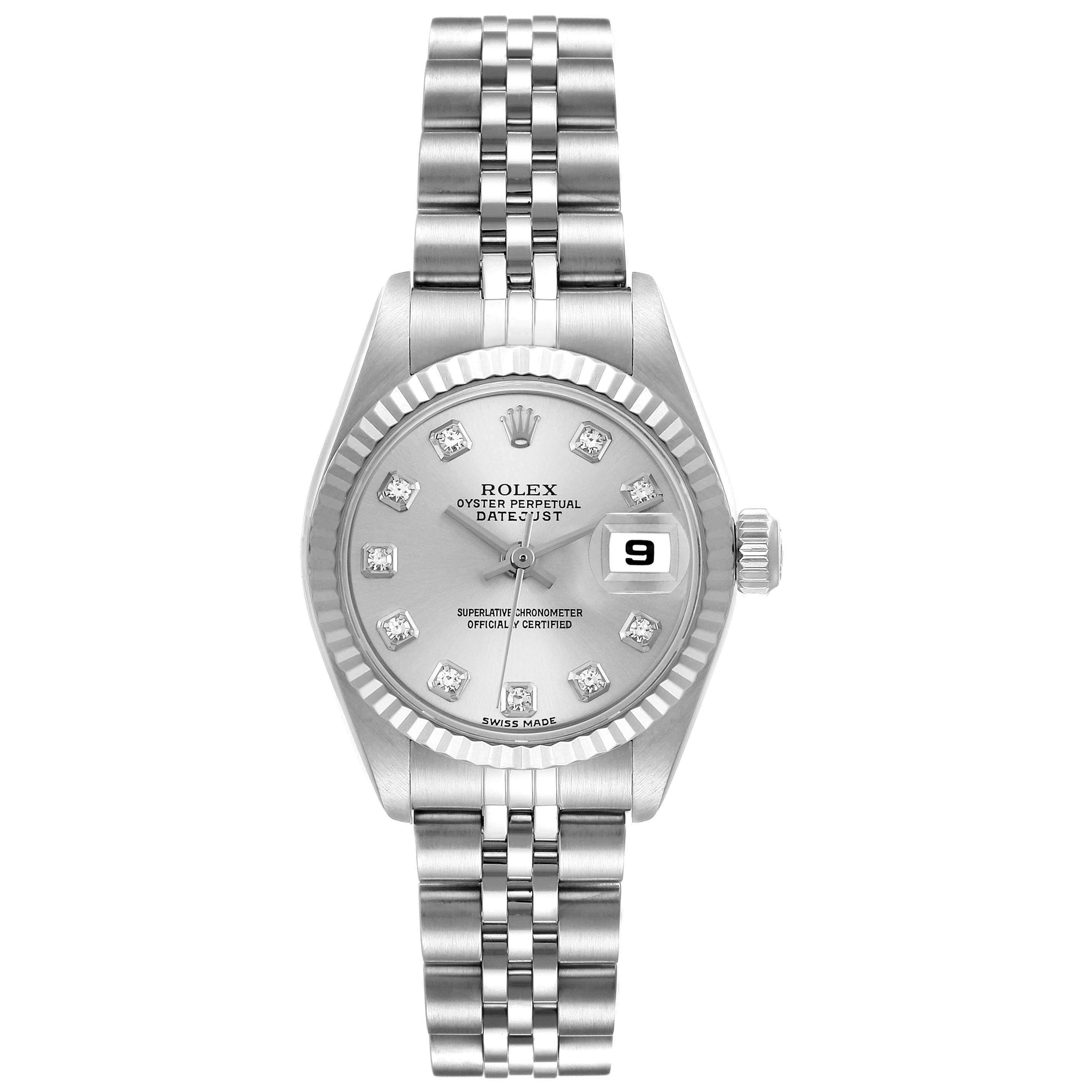 The image shows a front view of a Rolex Datejust 79174 Women's Stainless Steel Silver Dial 79174 Women's Stainless Steel Silver Dial watch, highlighting its dial, bezel, bracelet, and date display.