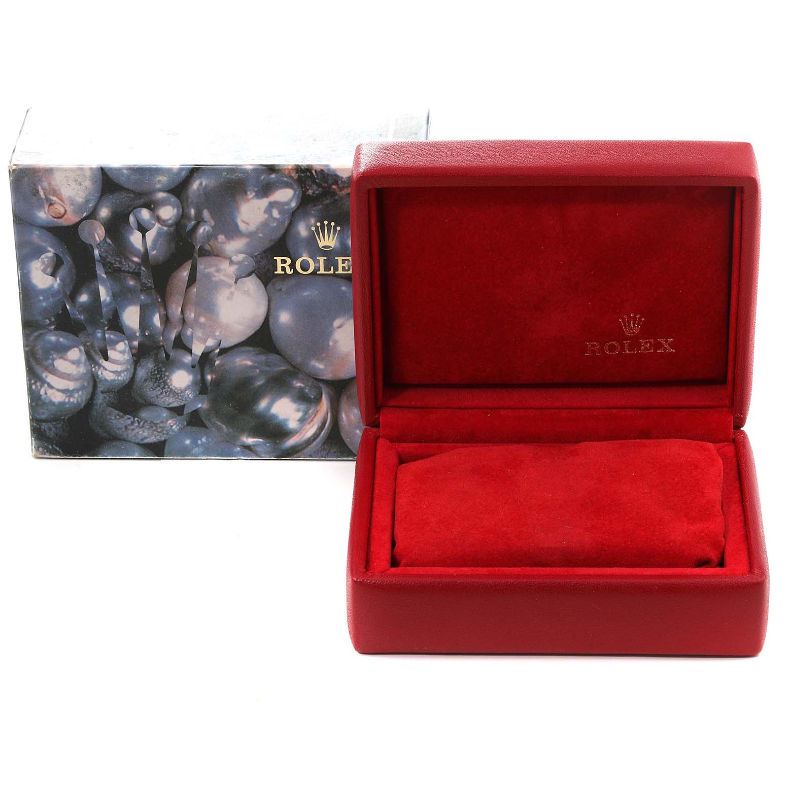 The image shows a Rolex Datejust 79174 Women's Stainless Steel Silver Dial 79174 Women's Stainless Steel Silver Dial watch box and case, with a red interior and a branded exterior box featuring abstract designs.