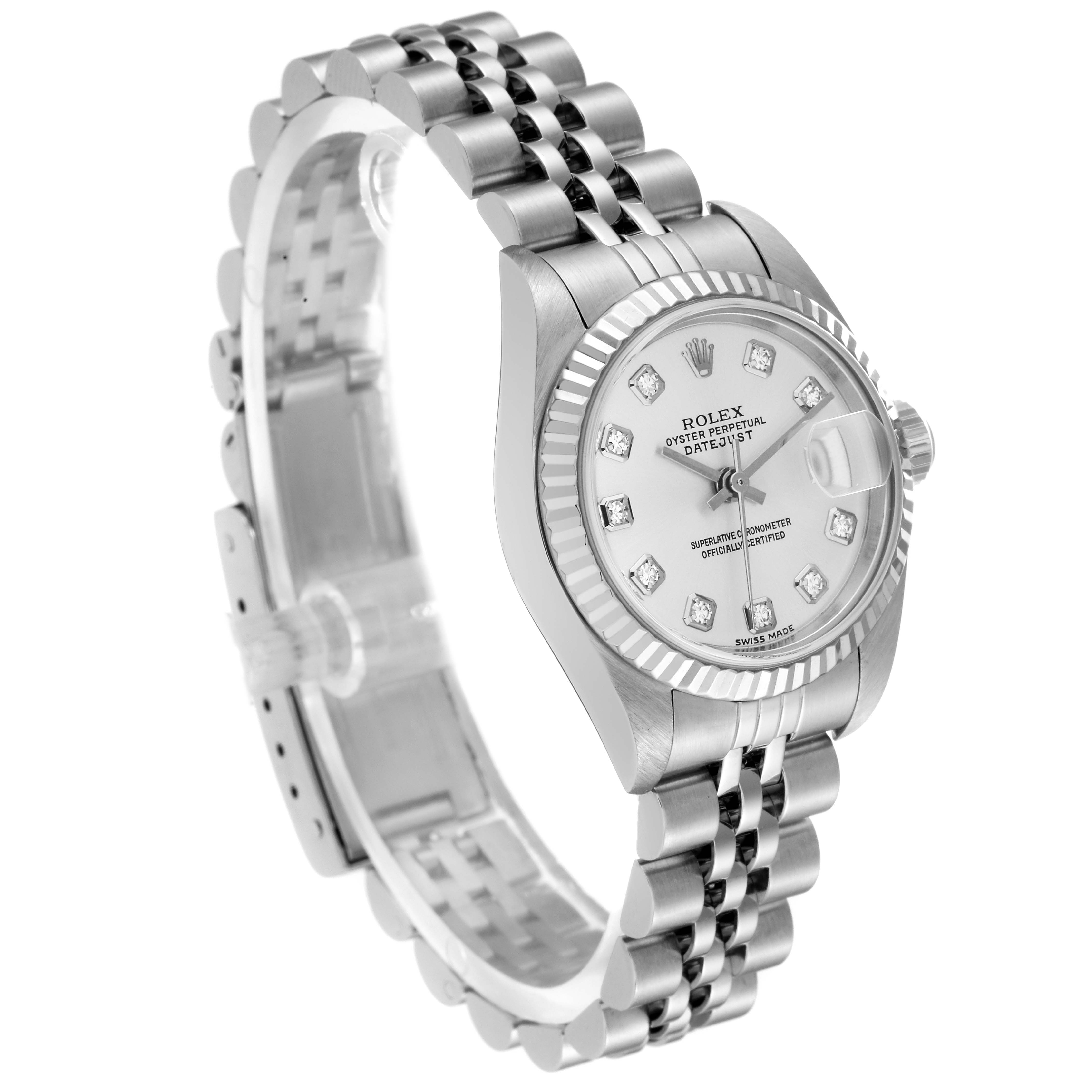 The image shows a side angle of a Rolex Datejust 79174 Women's Stainless Steel Silver Dial 79174 Women's Stainless Steel Silver Dial watch, highlighting its bracelet, bezel, dial, and crown.