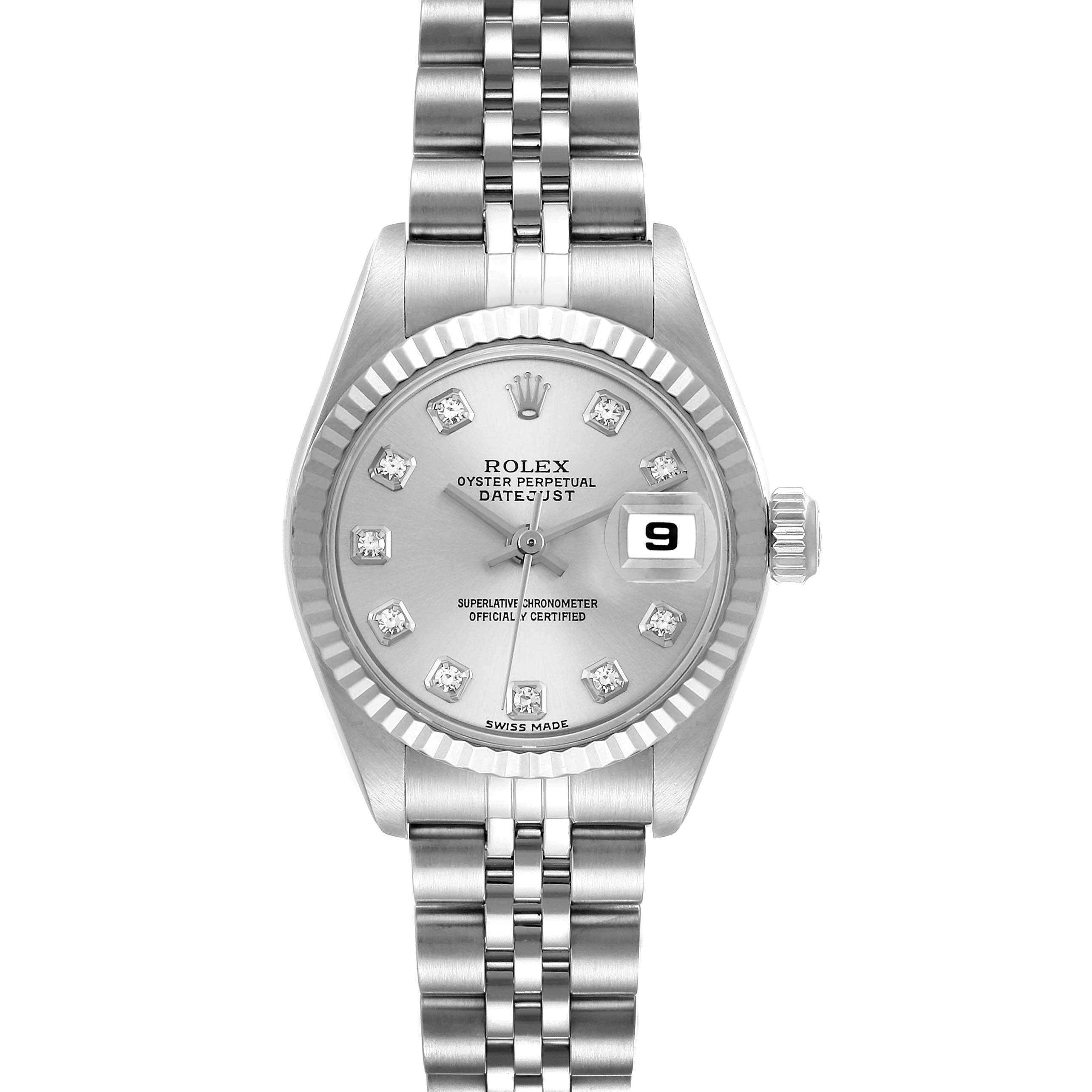 The image shows a front view of a Rolex Datejust 79174 Women's Stainless Steel Silver Dial 79174 Women's Stainless Steel Silver Dial watch with a silver dial and jubilee bracelet.