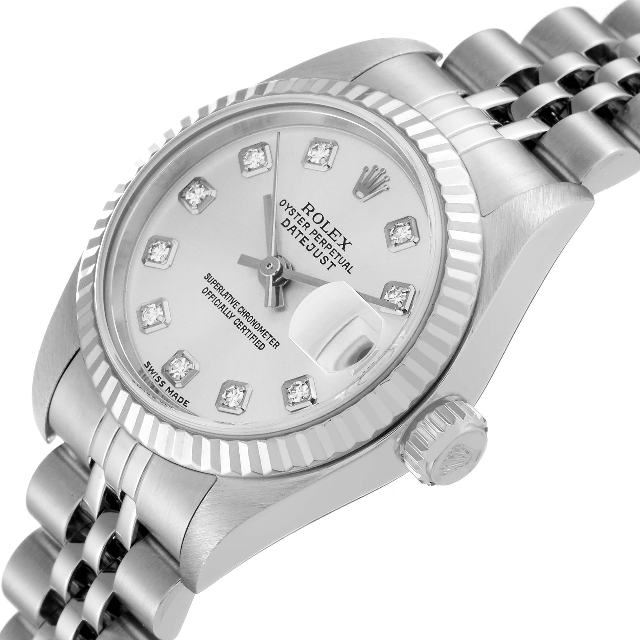 The image shows a close-up angled view of the Rolex Datejust 79174 Women's Stainless Steel Silver Dial 79174 Women's Stainless Steel Silver Dial watch, focusing on the watch face, bezel, and part of the bracelet.