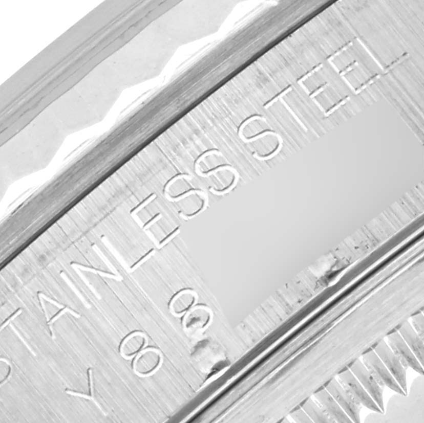 The image shows a close-up of the engraved inner bezel of a Rolex Datejust 16234 Men
s Stainless Steel Silver Dial 16234 Men
s Stainless Steel Silver Dial, highlighting "STAINLESS STEEL."