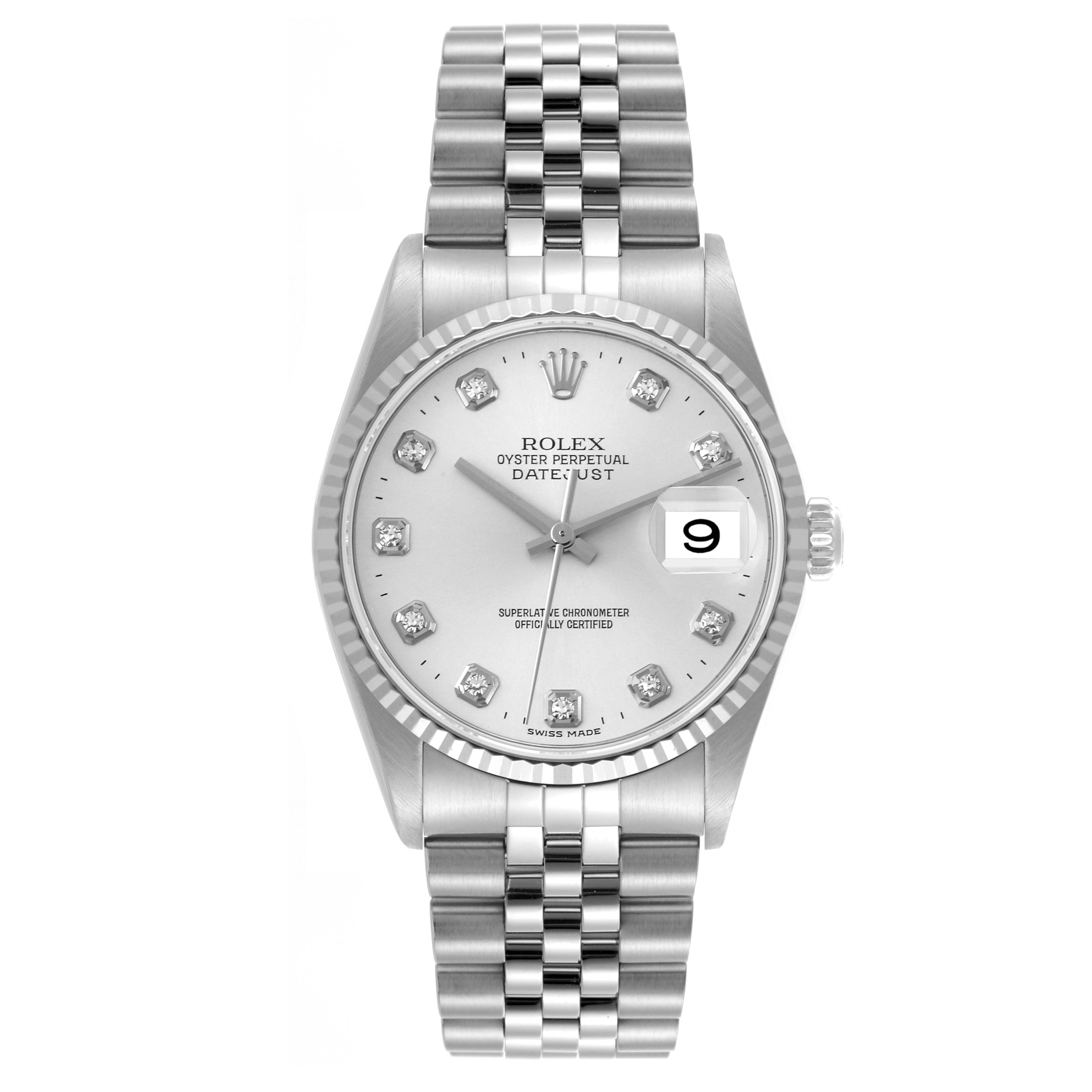 The Rolex Datejust 16234 Men
s Stainless Steel Silver Dial 16234 Men
s Stainless Steel Silver Dial watch is shown from a front angle, displaying the dial, bezel, bracelet, and date indicator.