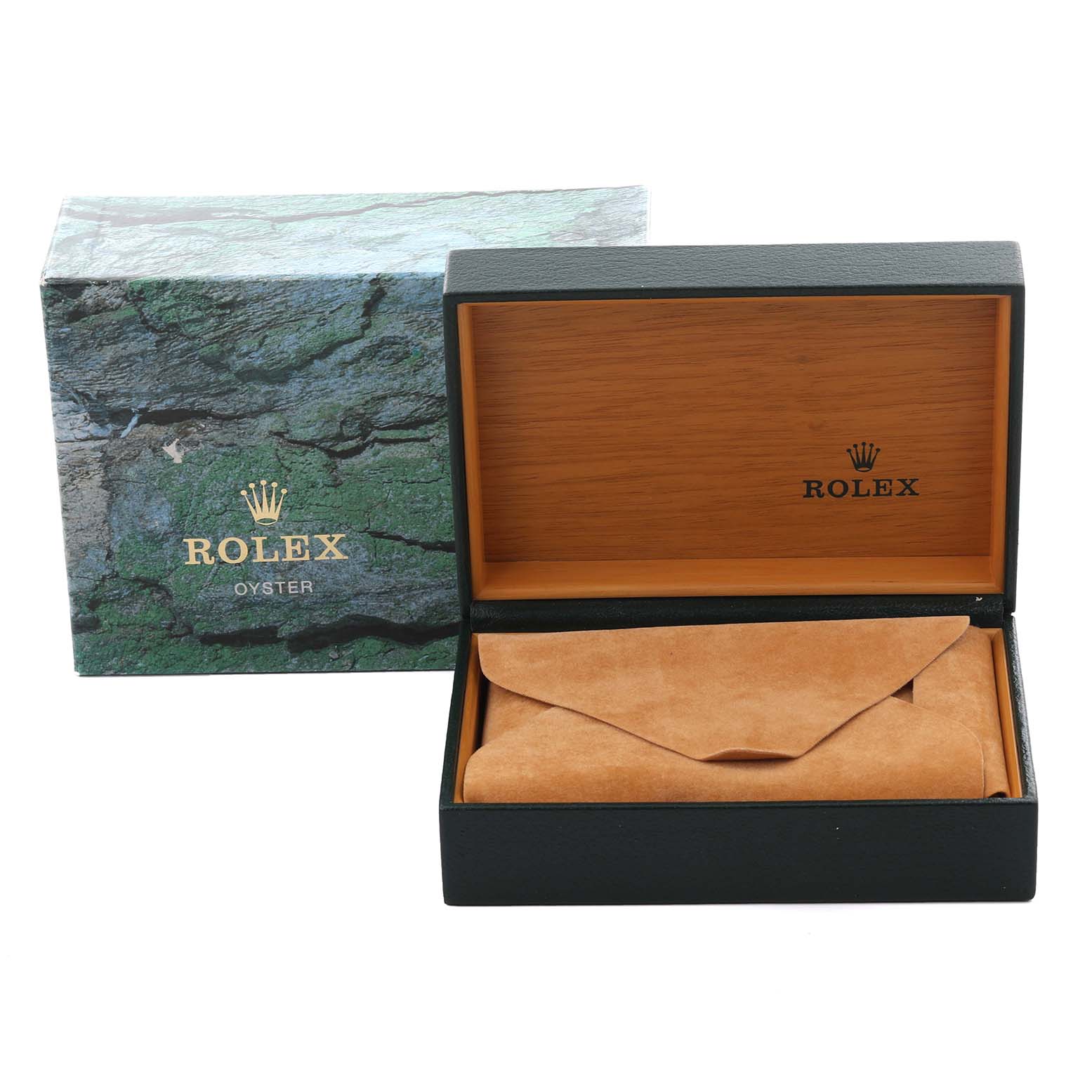 The image shows a Rolex Datejust 16234 Men
s Stainless Steel Silver Dial 16234 Men
s Stainless Steel Silver Dial box at an angle with the lid open, displaying the inner suede pouch.