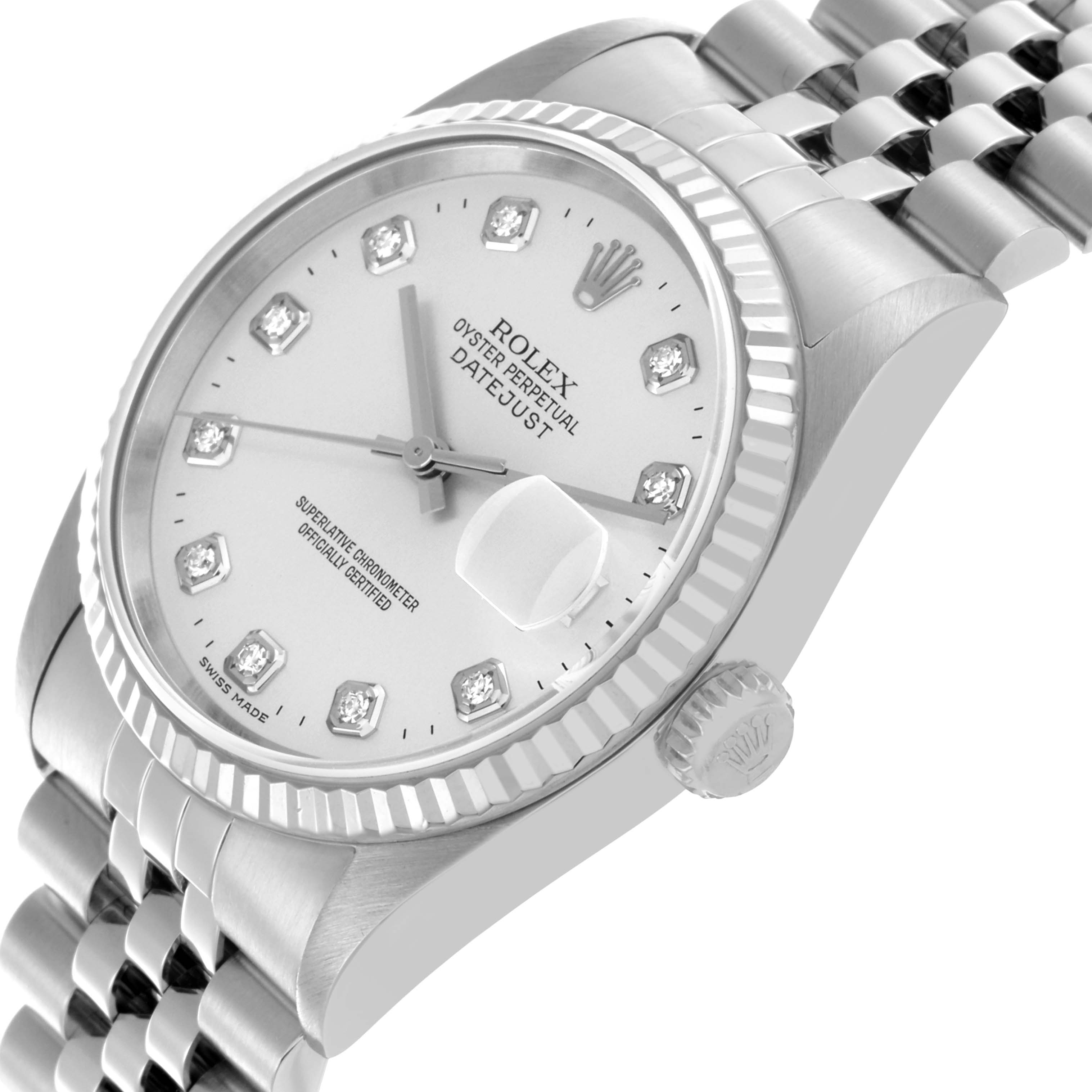 The Rolex Datejust 16234 Men
s Stainless Steel Silver Dial 16234 Men
s Stainless Steel Silver Dial watch is shown from a slightly tilted angle, highlighting the dial, fluted bezel, and bracelet.