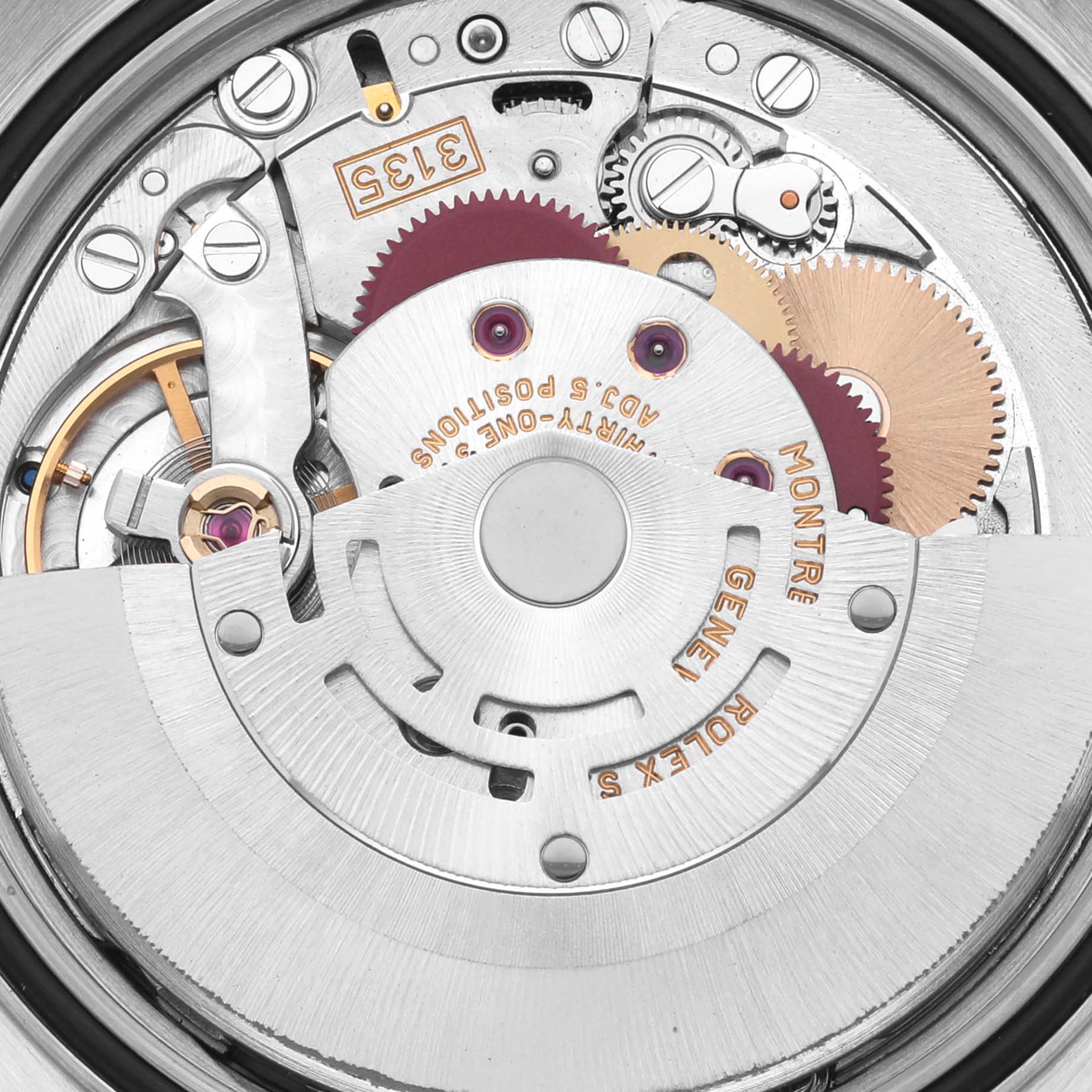 The image shows the intricate movement of a Rolex Datejust 16234 Men
s Stainless Steel Silver Dial 16234 Men
s Stainless Steel Silver Dial watch from a top-down angle.