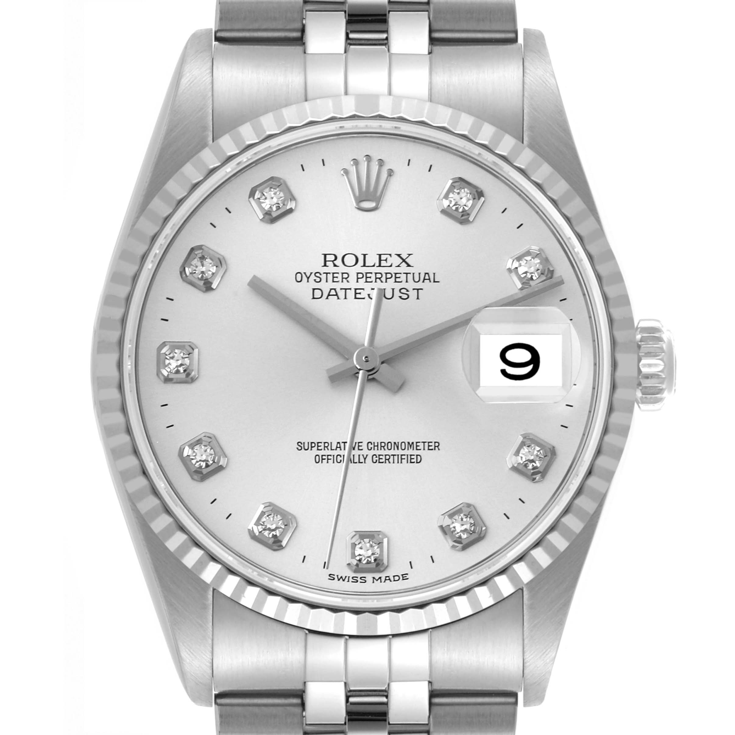 The image shows a frontal view of the Rolex Datejust 16234 Men
s Stainless Steel Silver Dial 16234 Men
s Stainless Steel Silver Dial watch, featuring its dial, bezel, and part of the bracelet.
