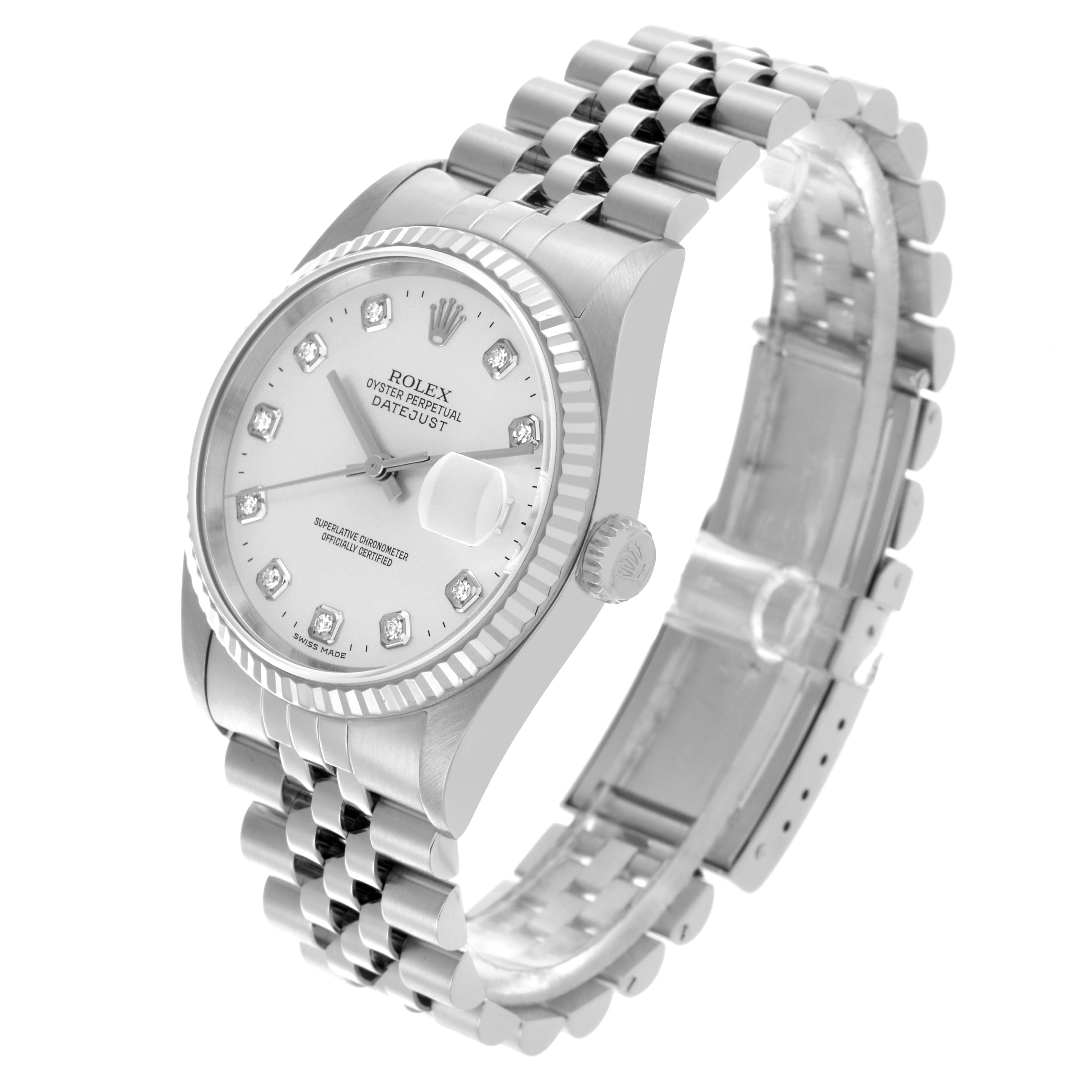 The Rolex Datejust 16234 Men
s Stainless Steel Silver Dial 16234 Men
s Stainless Steel Silver Dial watch is shown at an angled view, displaying the dial, bezel, crown, and Jubilee bracelet.