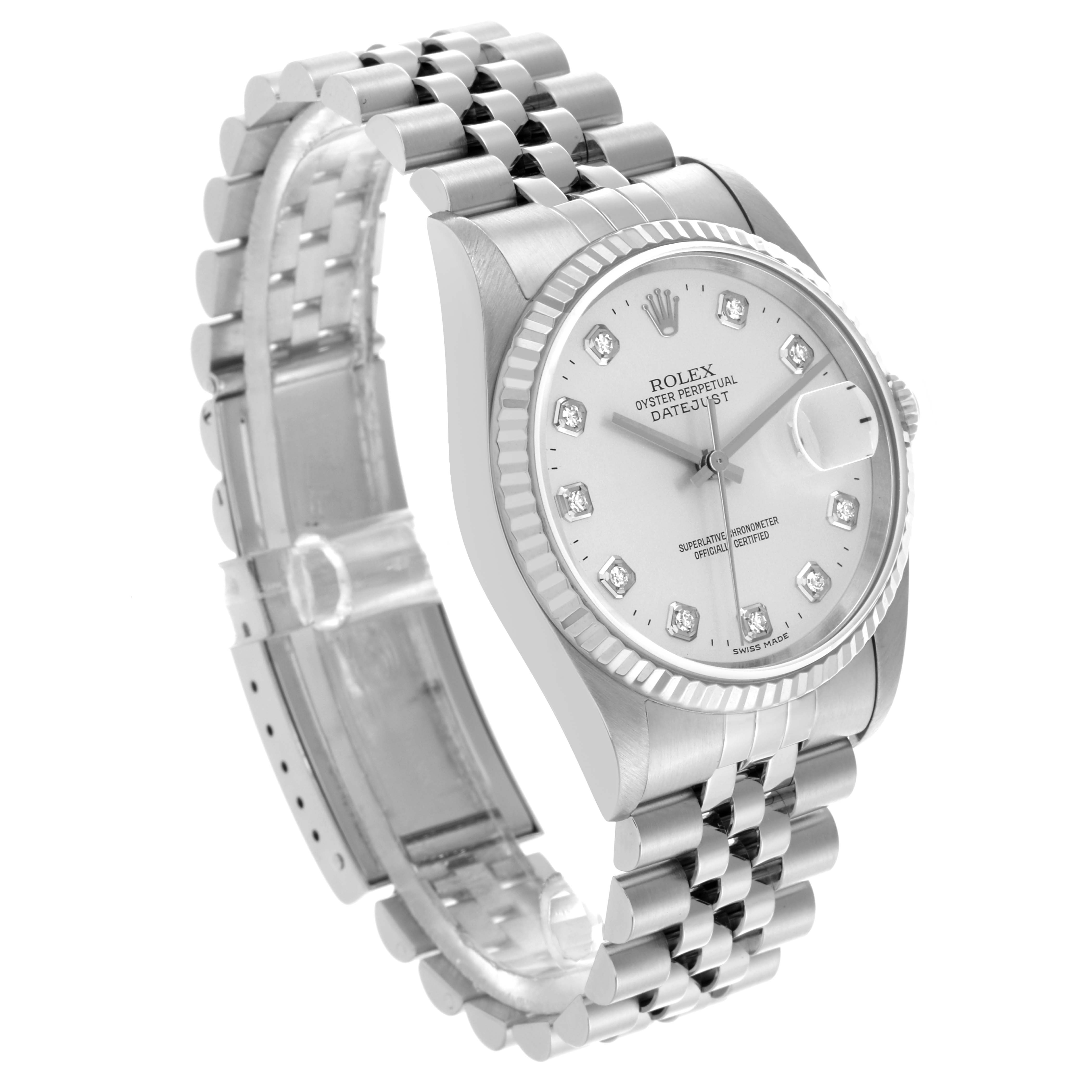 The Rolex Datejust 16234 Men
s Stainless Steel Silver Dial 16234 Men
s Stainless Steel Silver Dial watch is shown at a front angle, highlighting the dial, case, bezel, and bracelet.