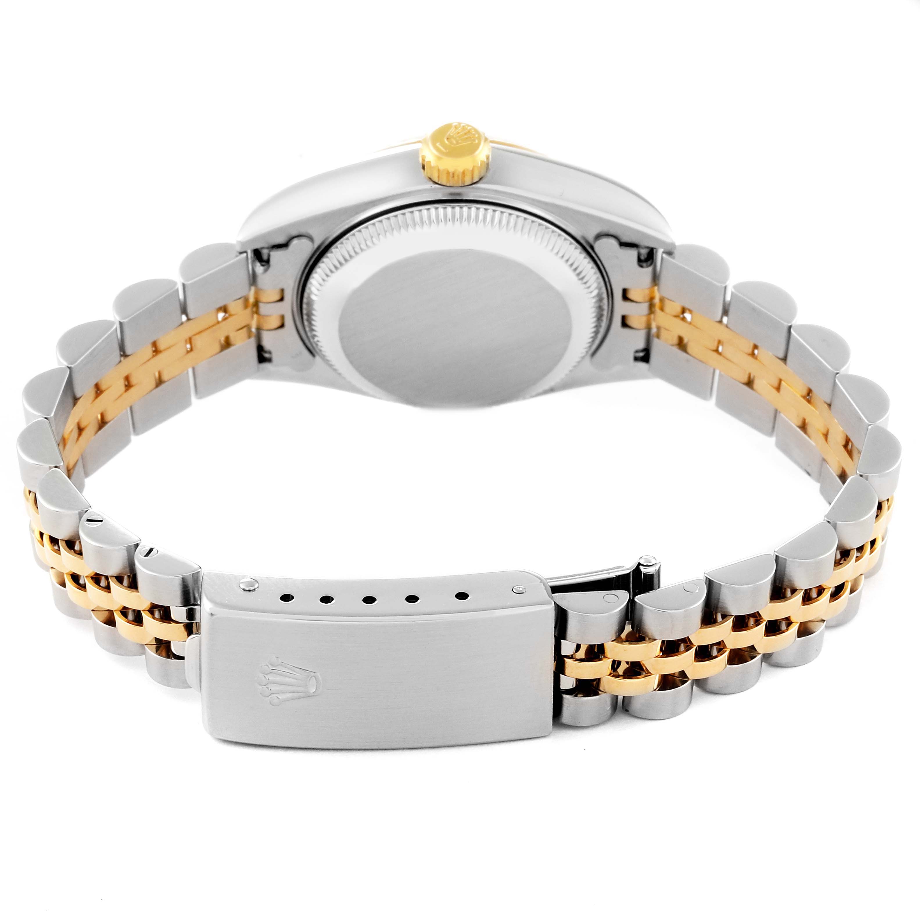 This image shows the back view of a Rolex Datejust 79173 Women's Steel and Gold (two tone) Champagne Dial 79173 Women's Steel and Gold (two tone) Champagne Dial watch, highlighting the bracelet and clasp.