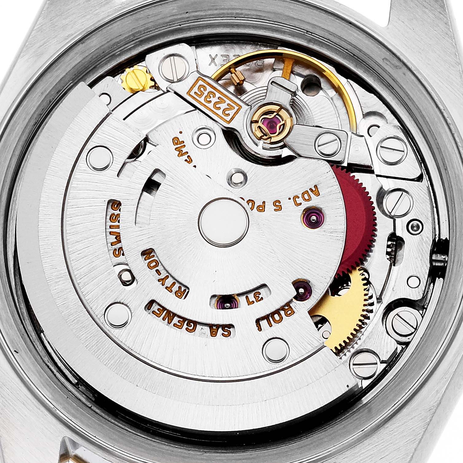 This image shows the internal mechanism of a Rolex Datejust 79173 Women's Steel and Gold (two tone) Champagne Dial 79173 Women's Steel and Gold (two tone) Champagne Dial watch taken from a rear, close-up angle.