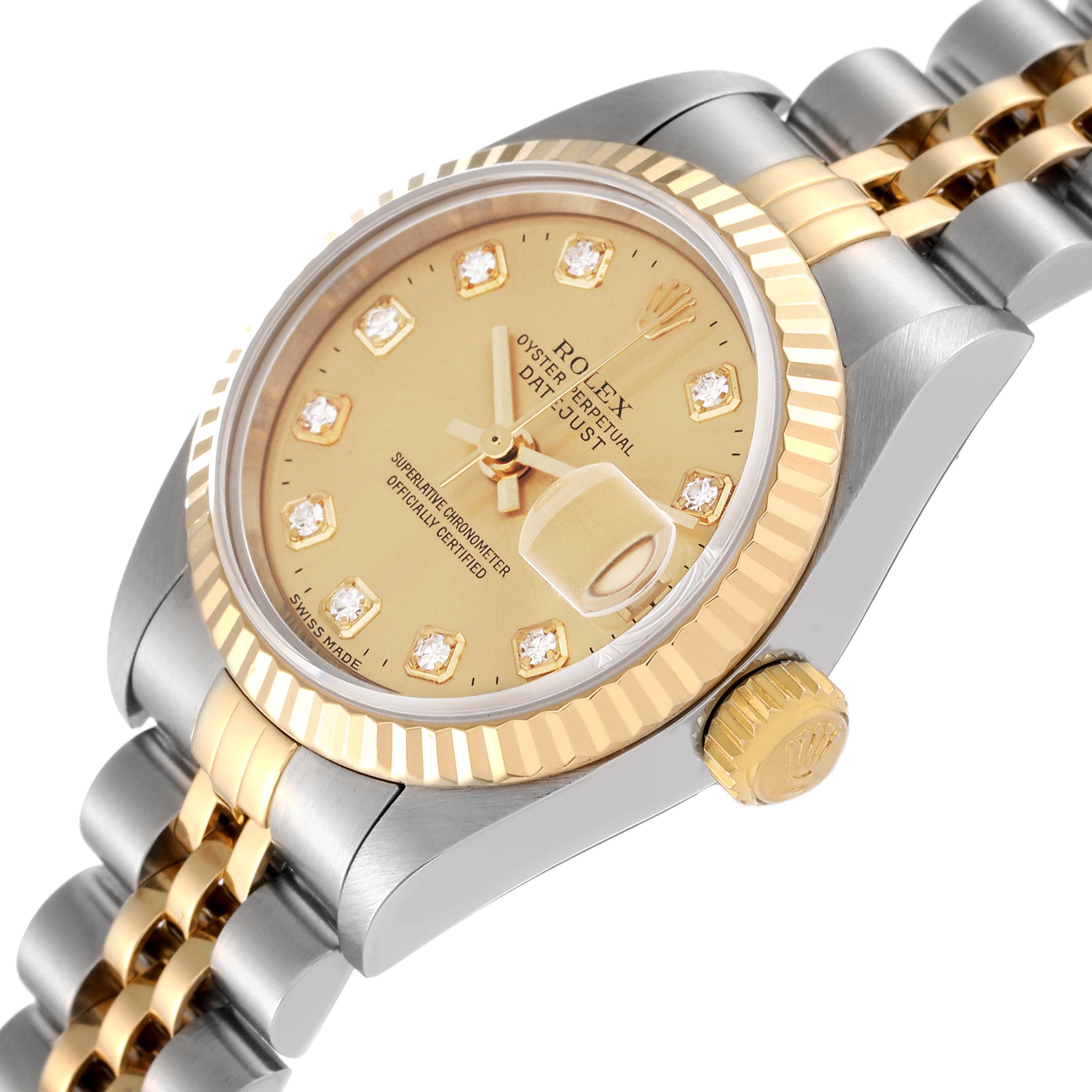 The image shows a Rolex Datejust 79173 Women's Steel and Gold (two tone) Champagne Dial 79173 Women's Steel and Gold (two tone) Champagne Dial watch at a slight angle highlighting its gold and silver bezel, gold dial, and two-tone bracelet.