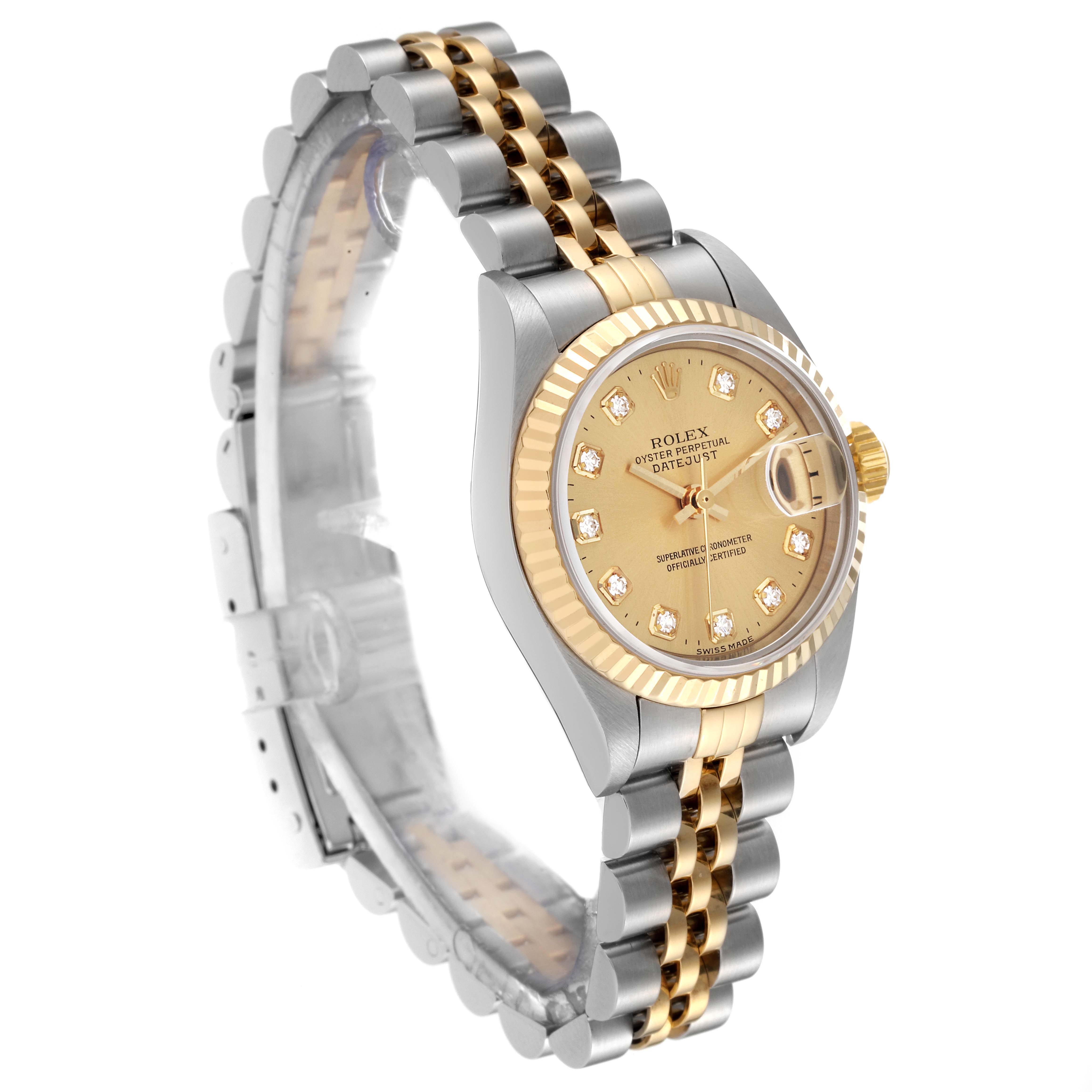 The image shows a Rolex Datejust 79173 Women's Steel and Gold (two tone) Champagne Dial 79173 Women's Steel and Gold (two tone) Champagne Dial watch at a three-quarter angle, highlighting the dial, bezel, and two-tone bracelet.