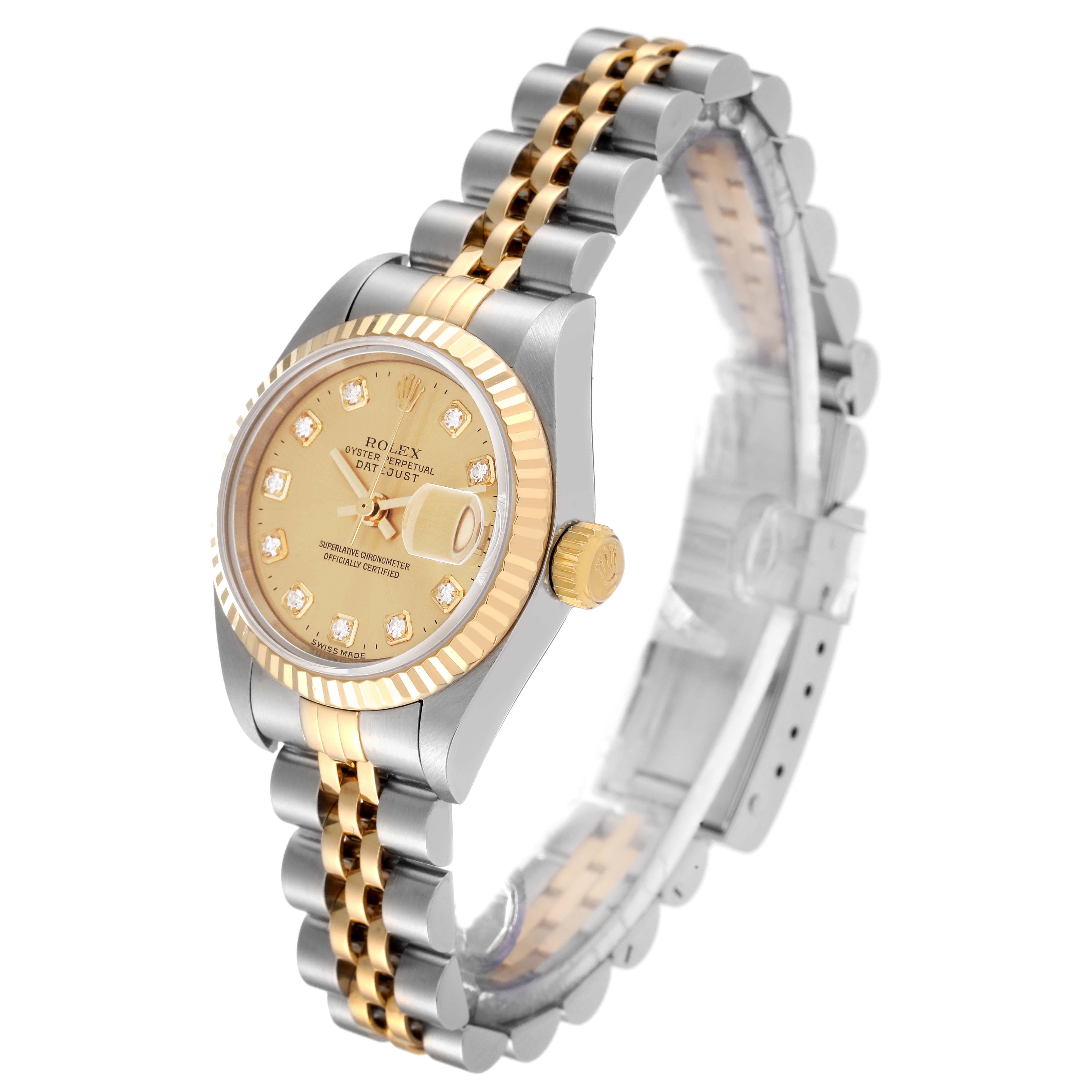 This image shows a Rolex Datejust 79173 Women's Steel and Gold (two tone) Champagne Dial 79173 Women's Steel and Gold (two tone) Champagne Dial watch at an angled side view highlighting the face, crown, and two-tone bracelet.