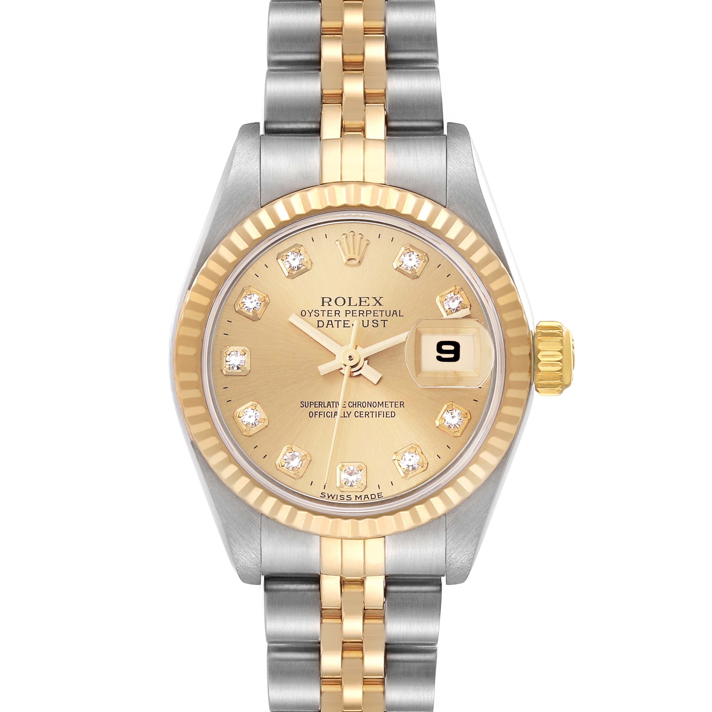 This image shows a Rolex Datejust 79173 Women's Steel and Gold (two tone) Champagne Dial 79173 Women's Steel and Gold (two tone) Champagne Dial watch from a front angle, highlighting its face, bezel, and bracelet.