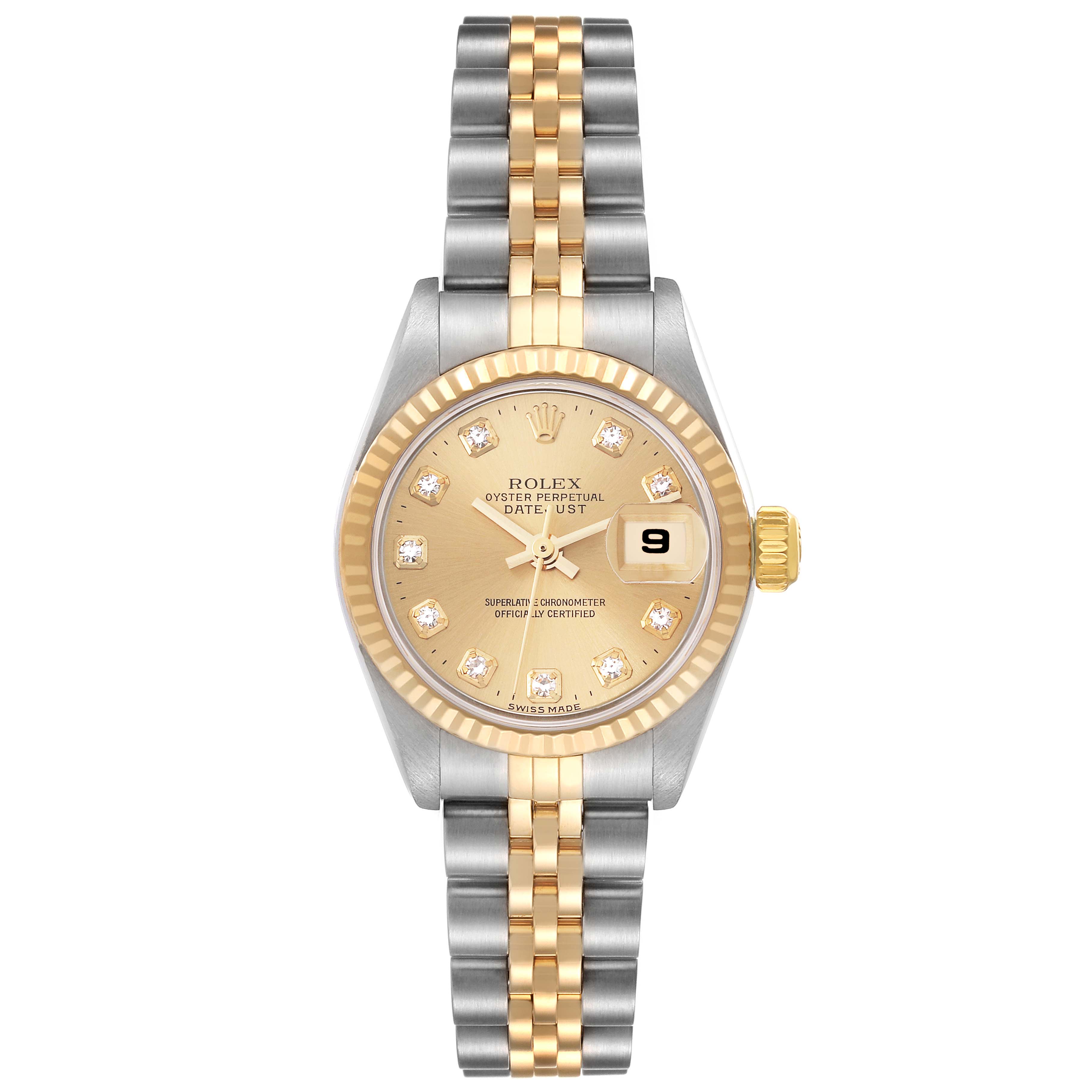 This is a top view of a Rolex Datejust 79173 Women's Steel and Gold (two tone) Champagne Dial 79173 Women's Steel and Gold (two tone) Champagne Dial watch, showing the dial, fluted bezel, and two-tone bracelet.