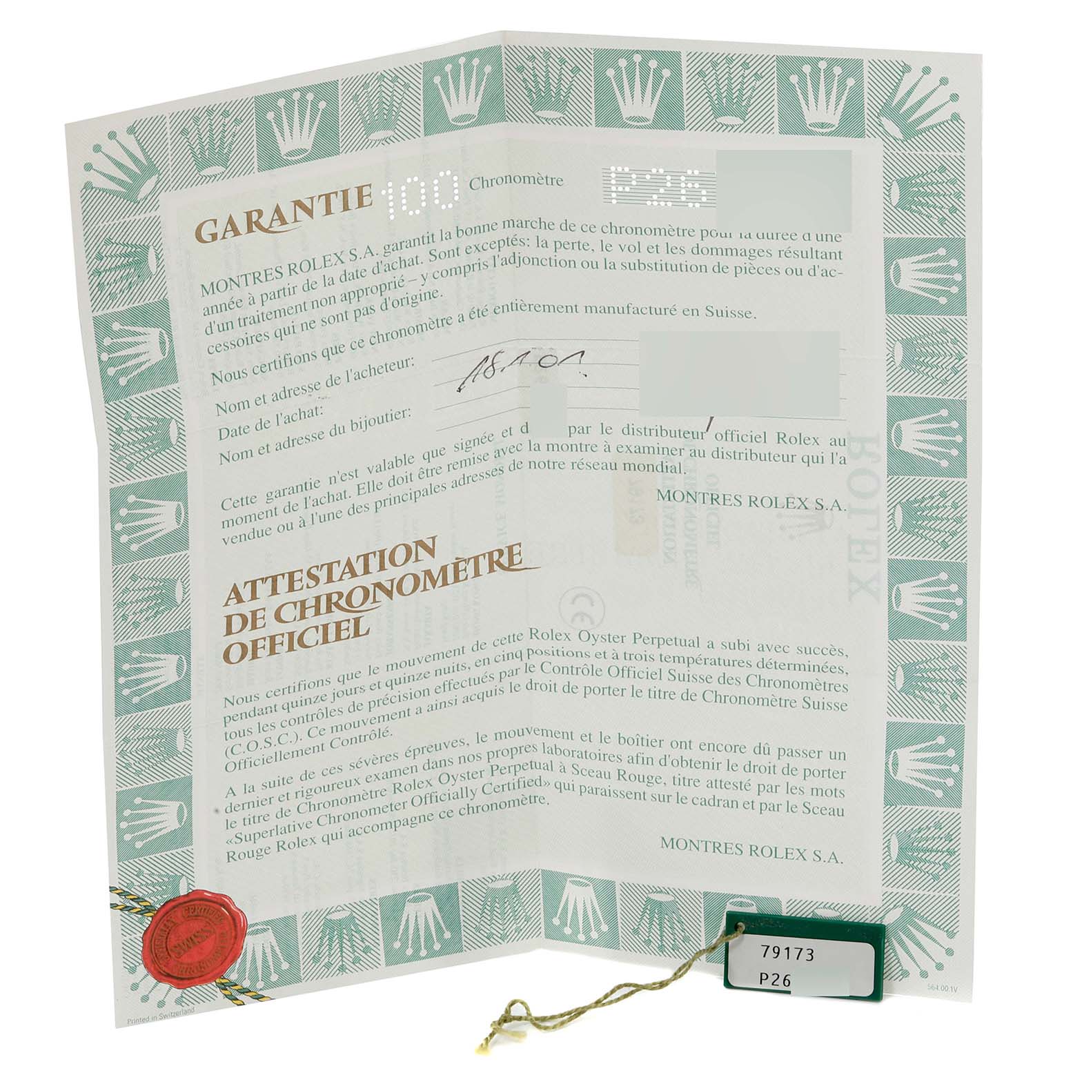 This image shows the official warranty and chronometer certification documents for the Rolex Datejust 79173 Women's Steel and Gold (two tone) Champagne Dial 79173 Women's Steel and Gold (two tone) Champagne Dial model.