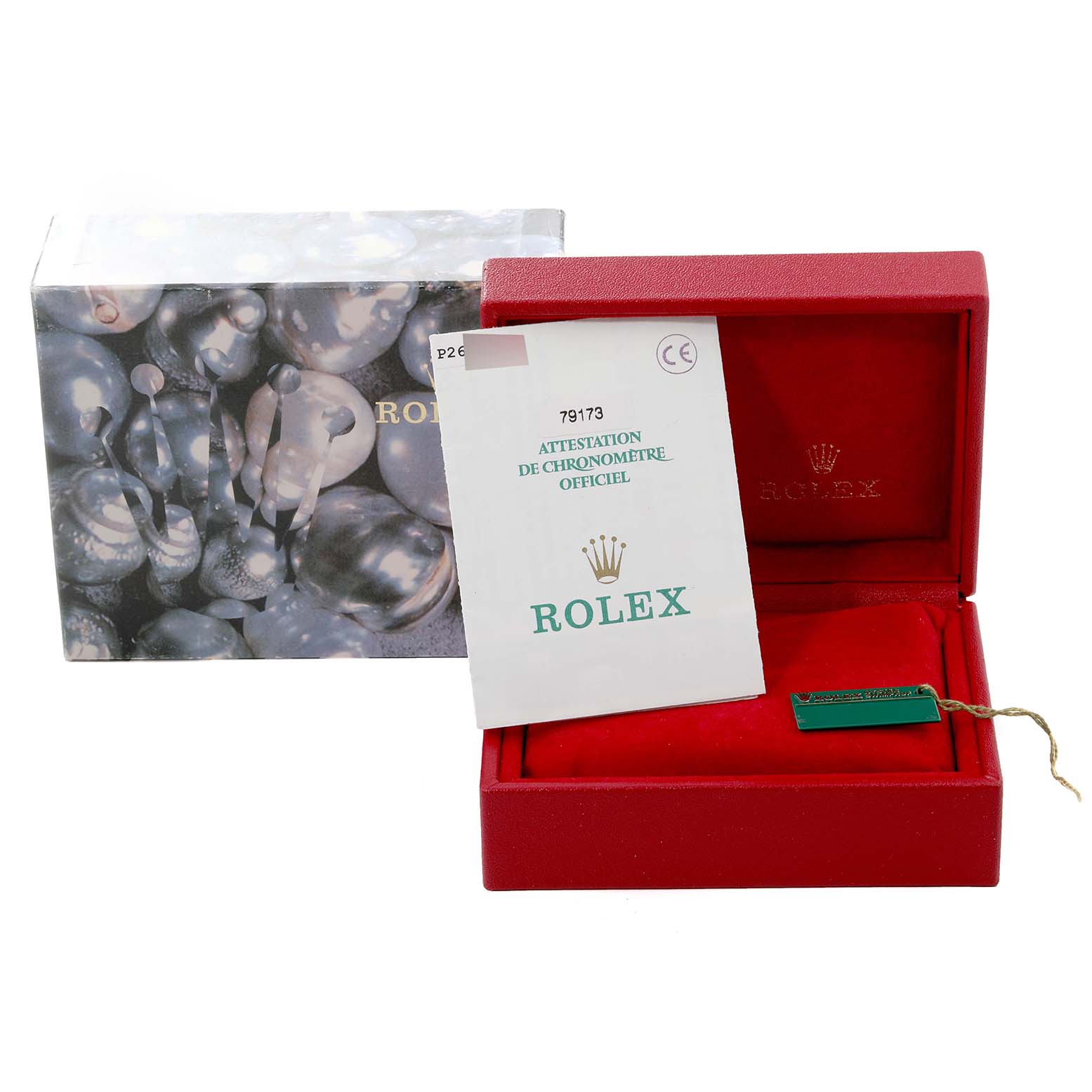 The image shows the packaging and certificate for a Rolex Datejust 79173 Women's Steel and Gold (two tone) Champagne Dial 79173 Women's Steel and Gold (two tone) Champagne Dial watch, including the outer box, inner box, and documentation.