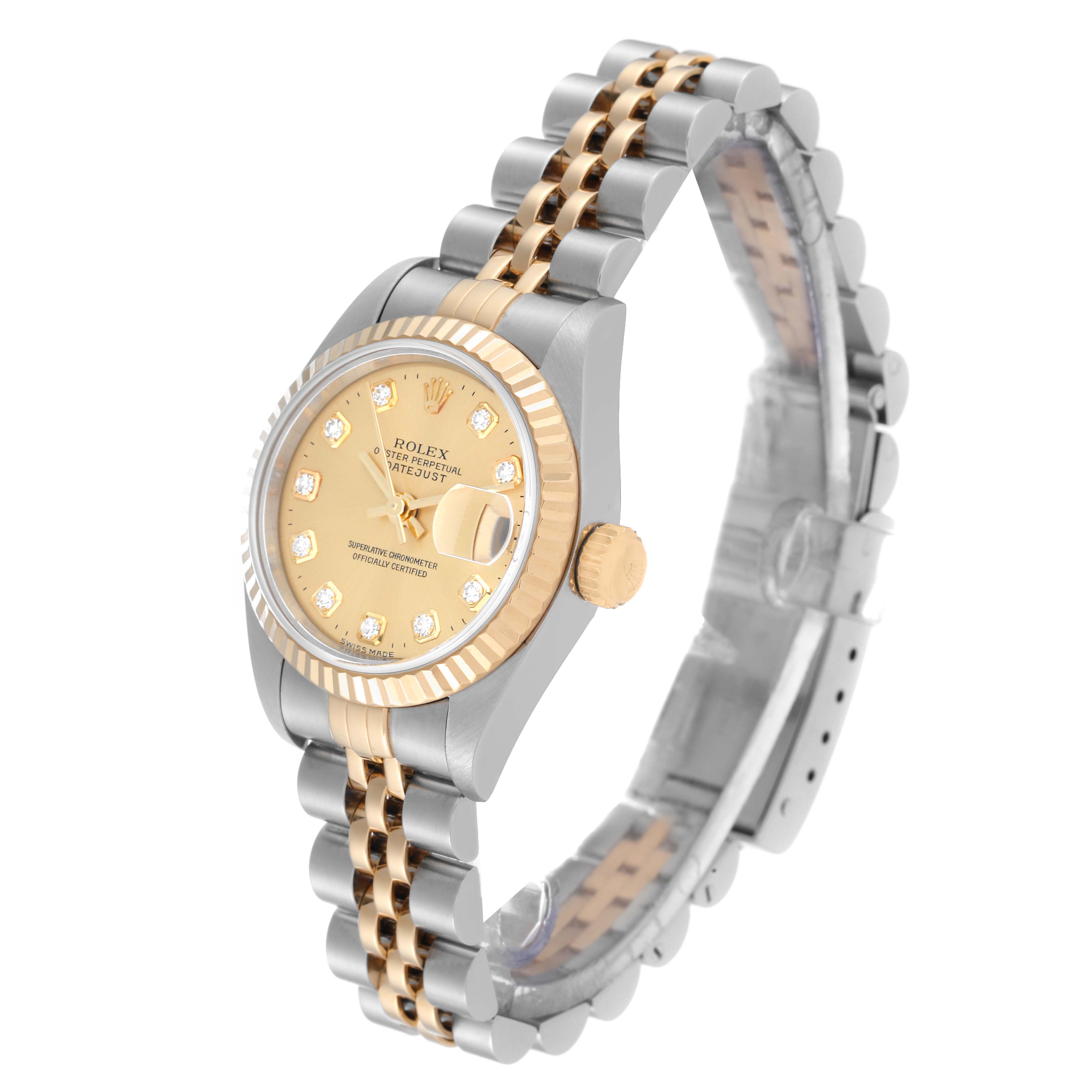 This Rolex Datejust 79173 Women's Steel and Gold (two tone) Champagne Dial 79173 Women's Steel and Gold (two tone) Champagne Dial watch is shown at a three-quarter angle highlighting the dial, bezel, crown, and bracelet.