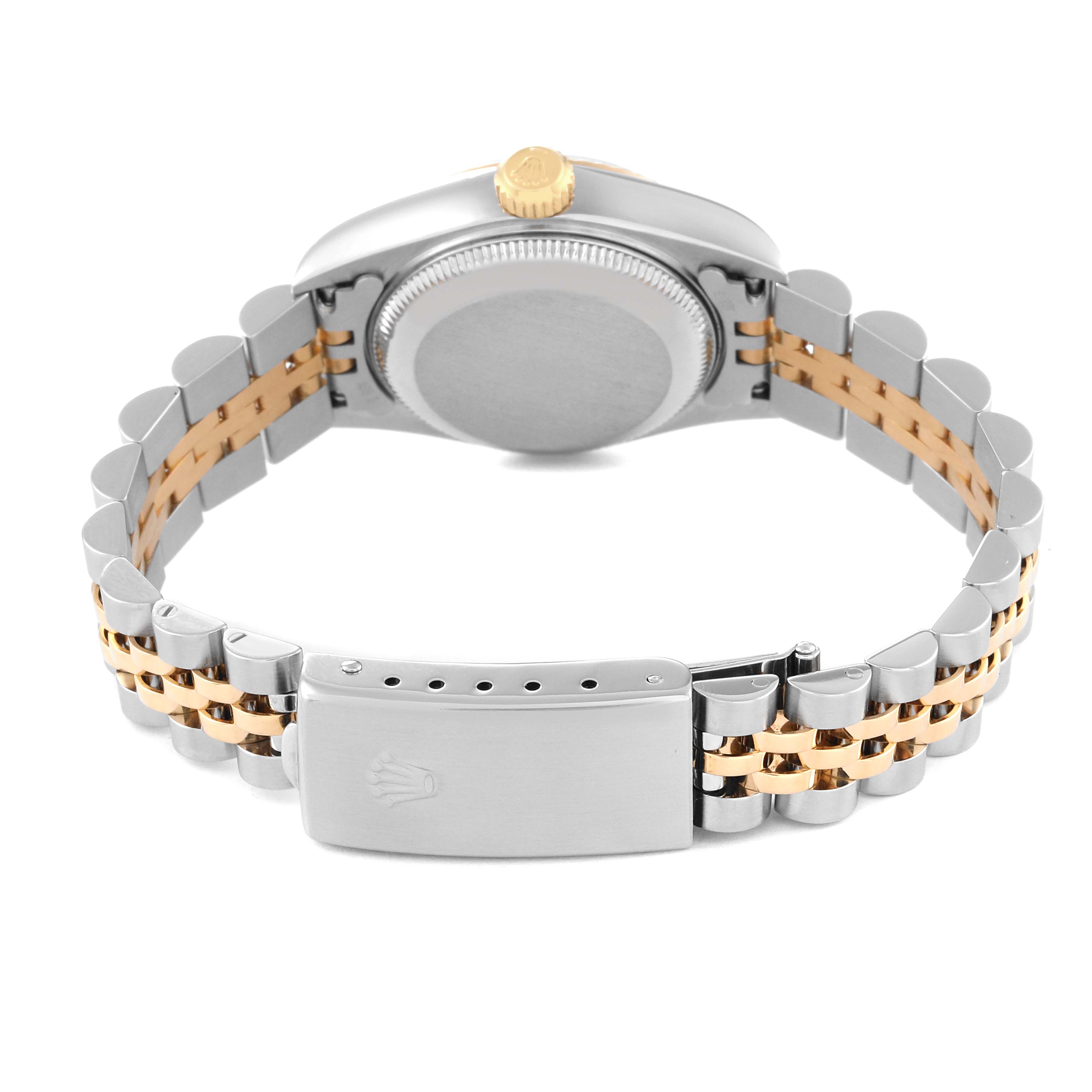 This image shows the back of the Rolex Datejust 79173 Women's Steel and Gold (two tone) Champagne Dial 79173 Women's Steel and Gold (two tone) Champagne Dial watch, focusing on its closed clasp, two-tone bracelet, and watch case.