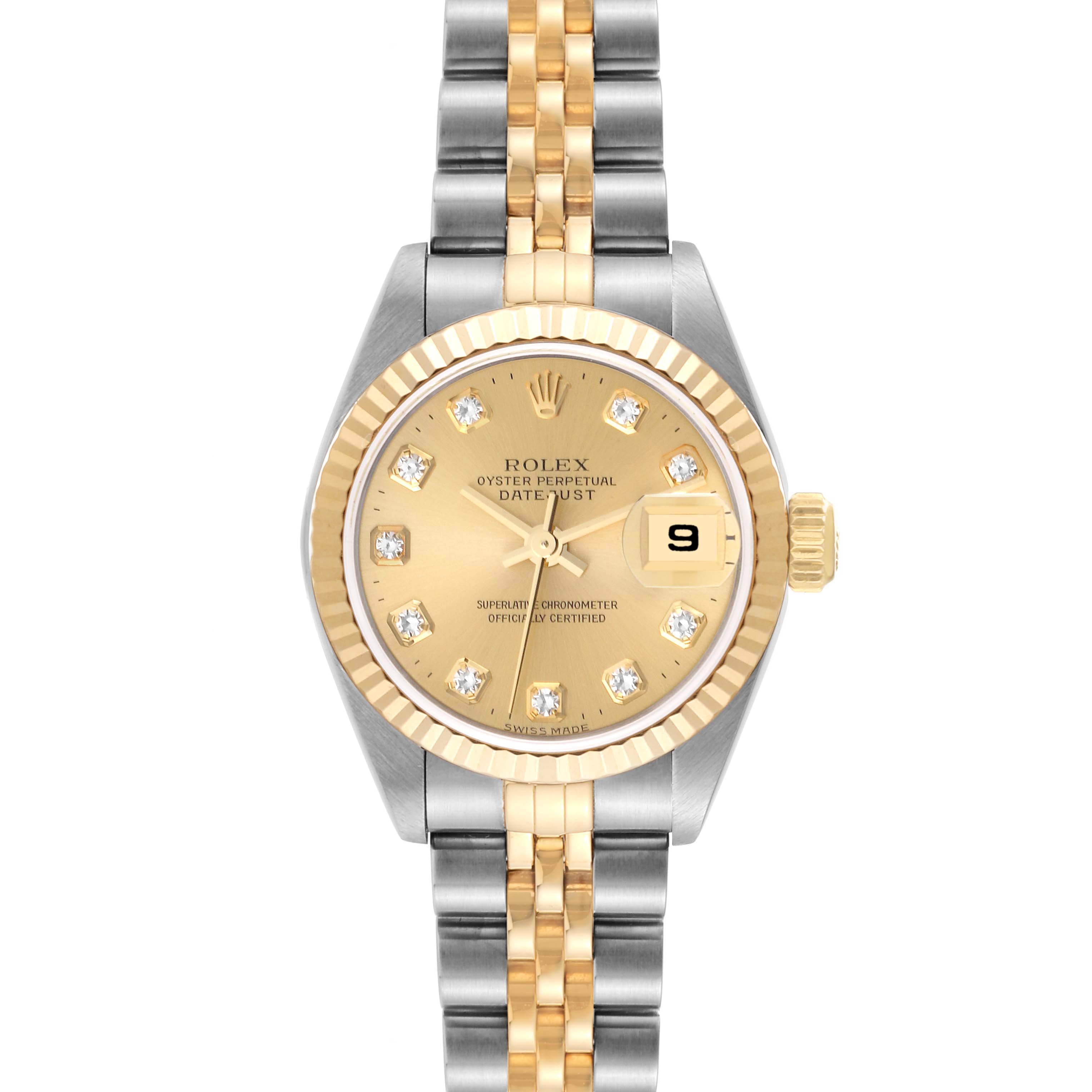 This image shows a front view of a Rolex Datejust 79173 Women's Steel and Gold (two tone) Champagne Dial 79173 Women's Steel and Gold (two tone) Champagne Dial watch, featuring a two-tone bracelet and a gold dial with diamond markers.