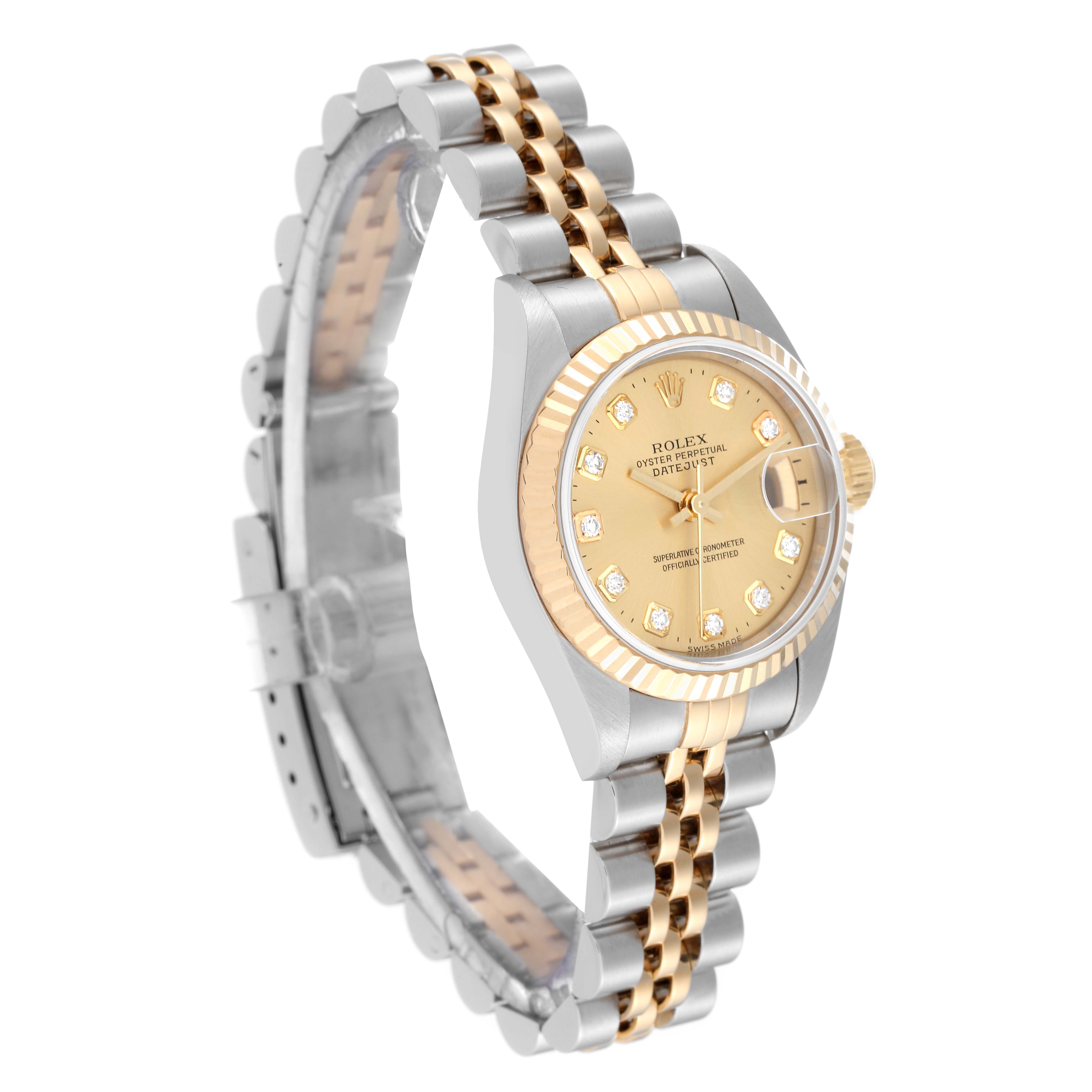 The image shows a side angle view of a Rolex Datejust 79173 Women's Steel and Gold (two tone) Champagne Dial 79173 Women's Steel and Gold (two tone) Champagne Dial watch, highlighting the two-tone bracelet and the diamond-set dial.