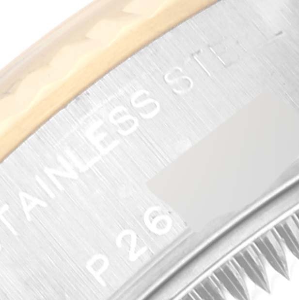The image shows a close-up of the side engraving, including "STAINLESS STEEL," on a Rolex Datejust 79173 Women's Steel and Gold (two tone) Champagne Dial 79173 Women's Steel and Gold (two tone) Champagne Dial watch.