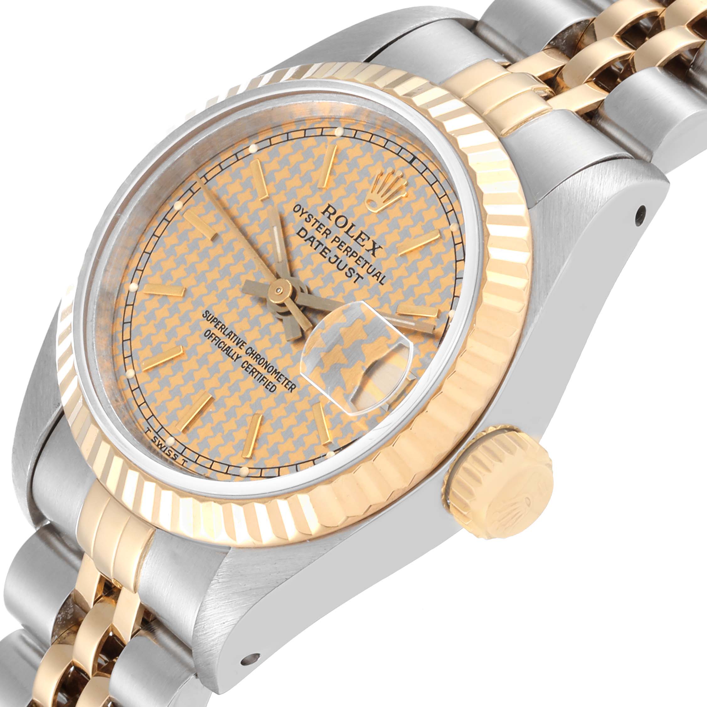 This is a close-up of the Rolex Datejust 69173 Women's Steel and Gold (two tone) Champagne Dial 69173 Women's Steel and Gold (two tone) Champagne Dial watch, showing the face, fluted bezel, and part of the two-tone bracelet.