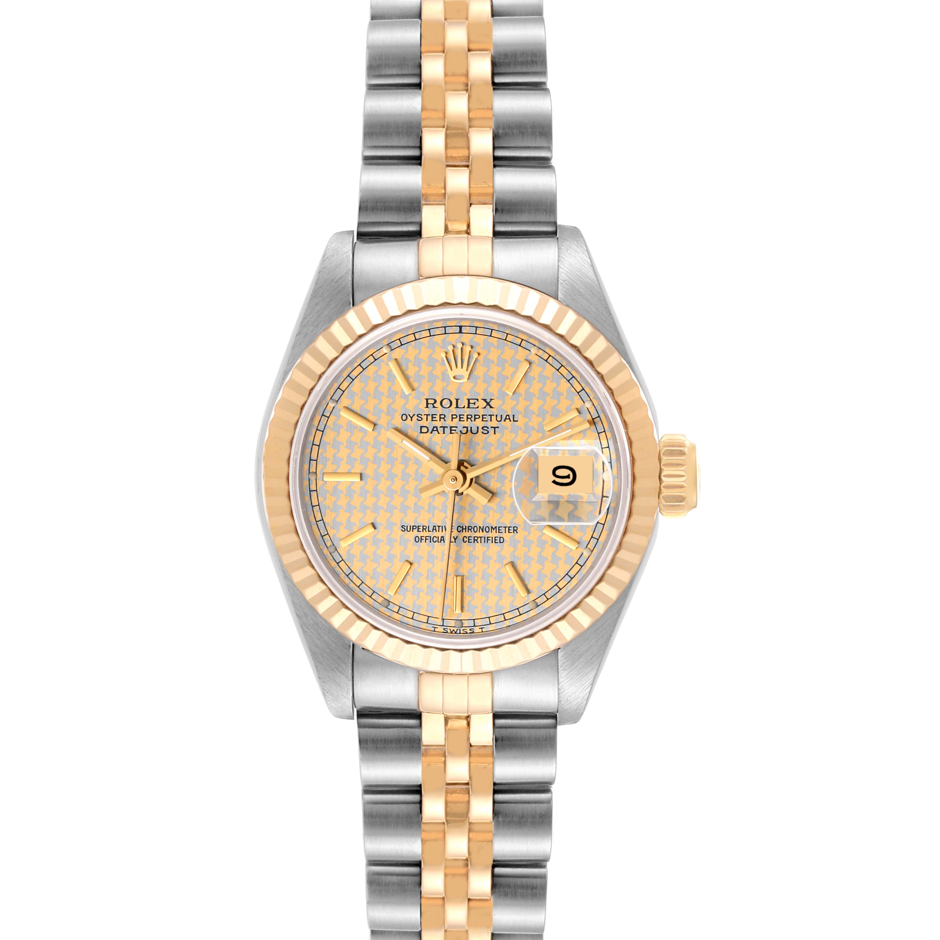 The Rolex Datejust 69173 Women's Steel and Gold (two tone) Champagne Dial 69173 Women's Steel and Gold (two tone) Champagne Dial watch is shown from a front angle, displaying the face, bezel, and two-tone bracelet.