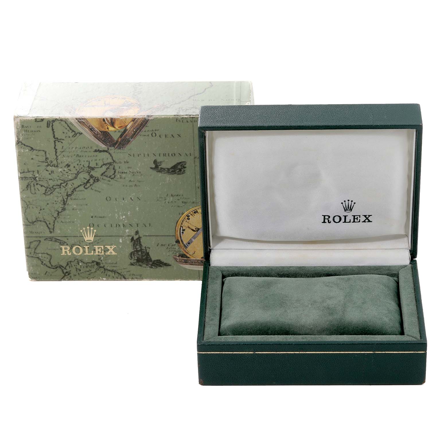 The image shows the packaging for a Rolex Datejust 69173 Women's Steel and Gold (two tone) Champagne Dial 69173 Women's Steel and Gold (two tone) Champagne Dial watch, including the outer box and an open inner box.
