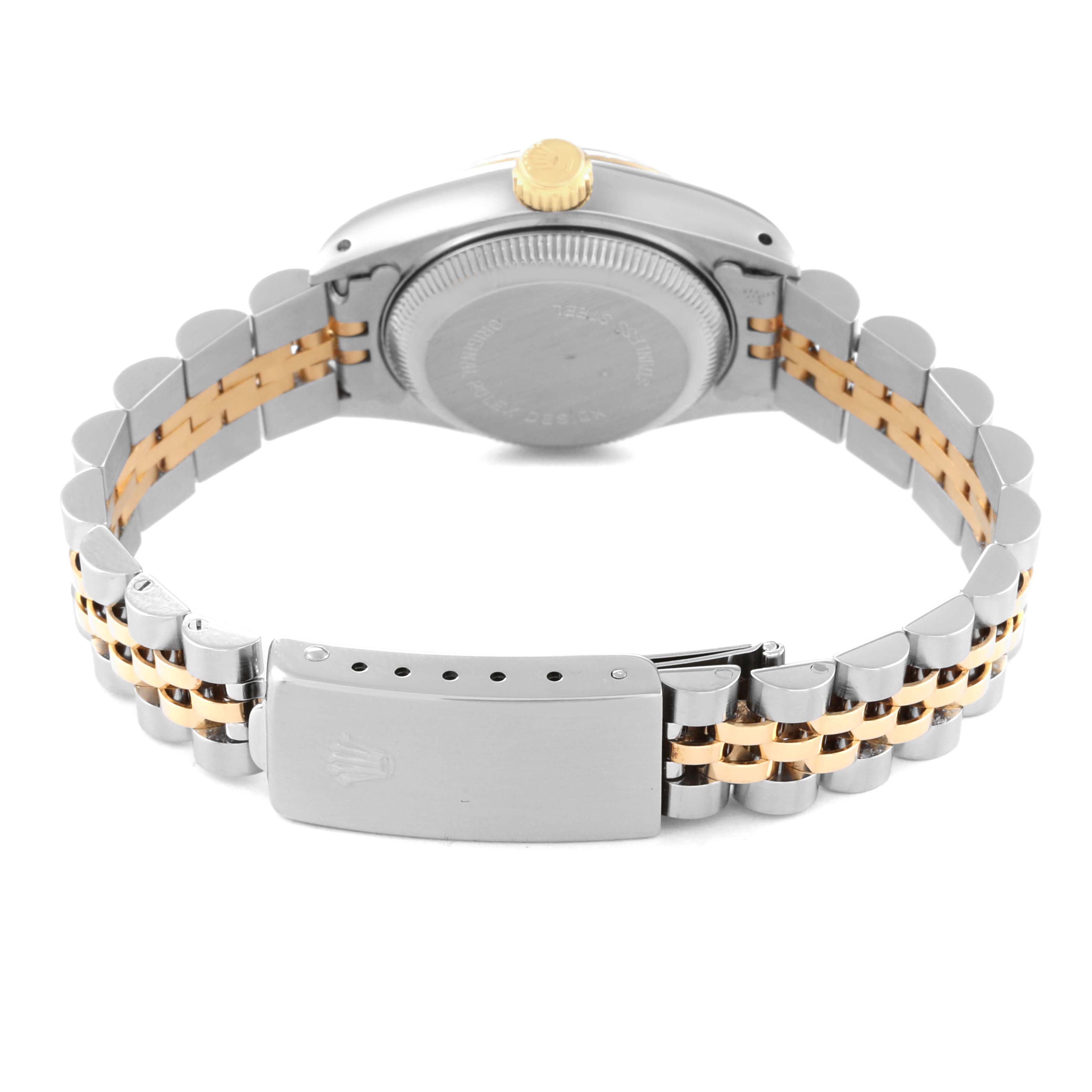 This image shows the back of a Rolex Datejust 69173 Women's Steel and Gold (two tone) Champagne Dial 69173 Women's Steel and Gold (two tone) Champagne Dial watch, highlighting the case back, bracelet, and clasp from a rear angle.