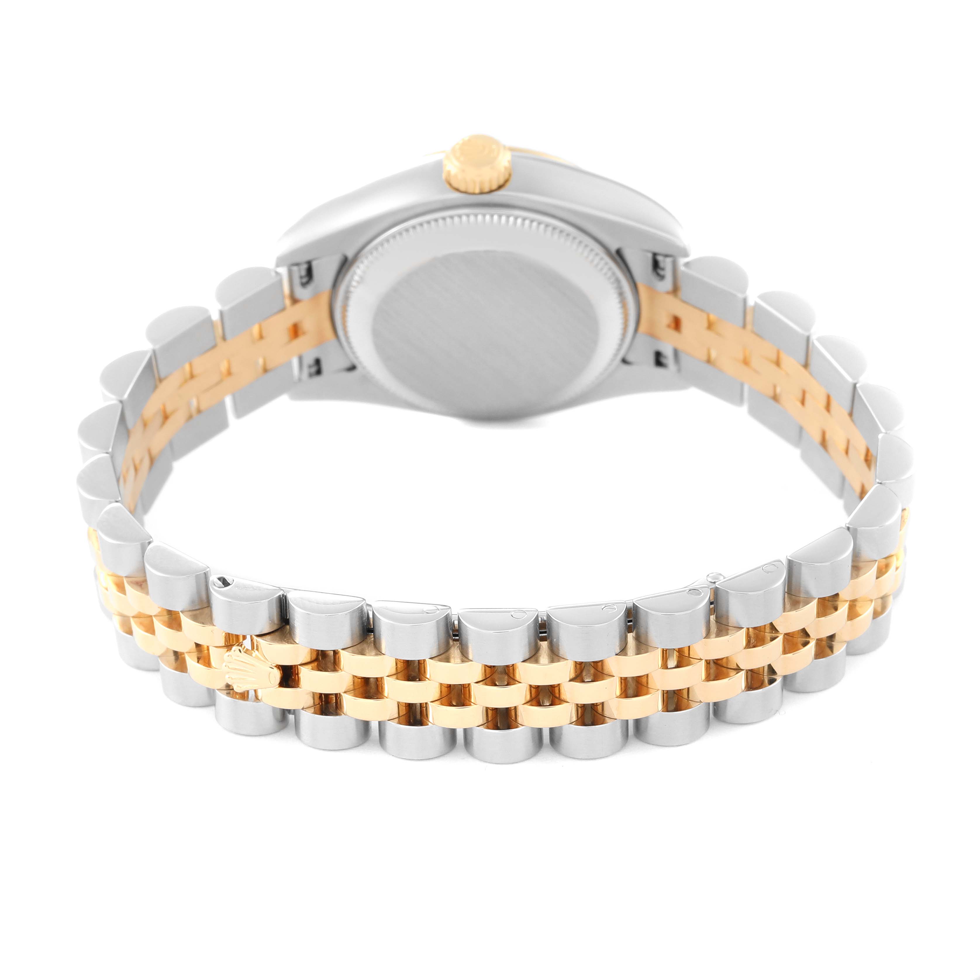 This image shows the back view of a Rolex Datejust 179173 Women's Steel and Gold (two tone) Mother of Pearl Dial 179173 Women's Steel and Gold (two tone) Mother of Pearl Dial watch focusing on its two-tone bracelet and case back.