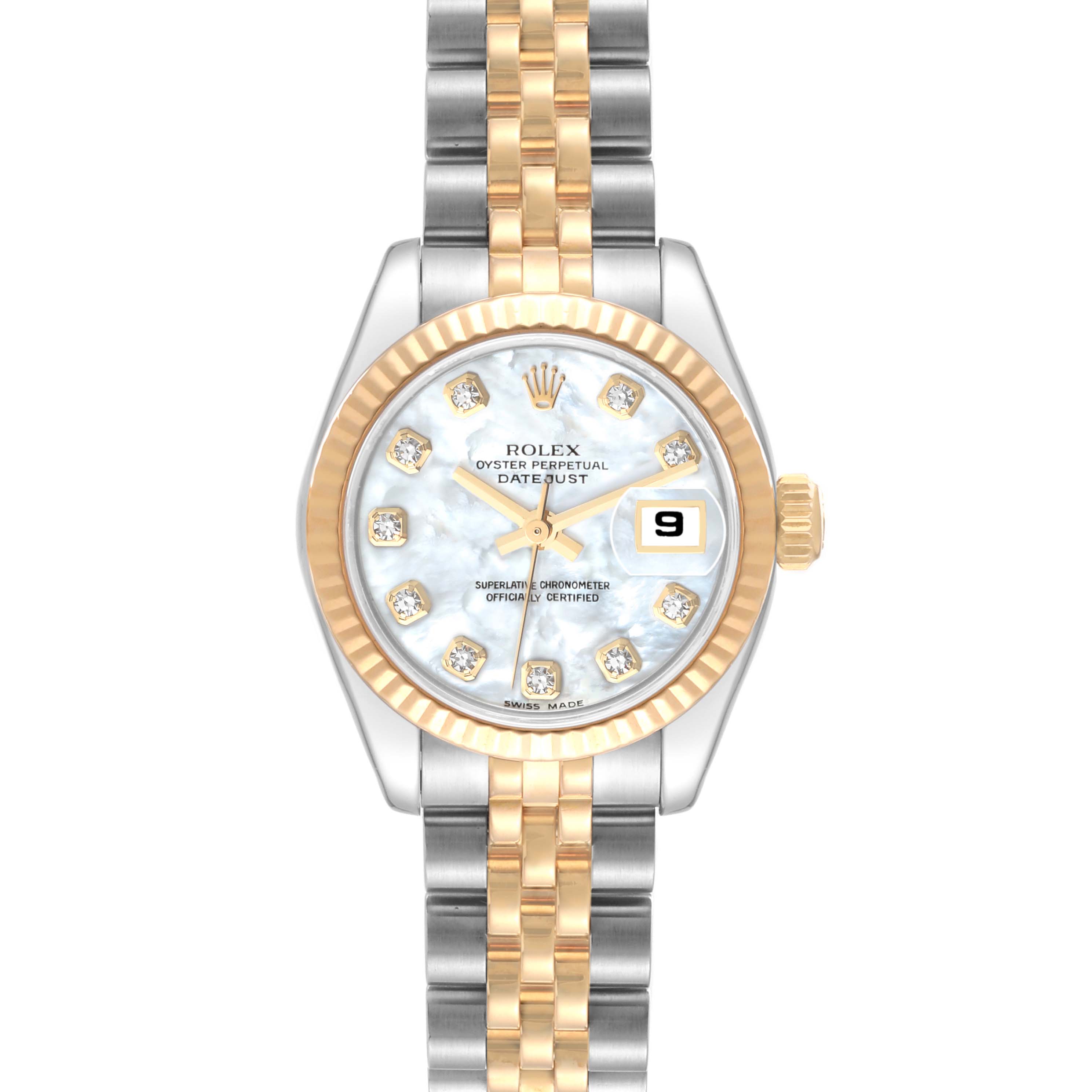This image shows a Rolex Datejust 179173 Women's Steel and Gold (two tone) Mother of Pearl Dial 179173 Women's Steel and Gold (two tone) Mother of Pearl Dial watch from a front angle, highlighting its face, dial, bezel, and bracelet.