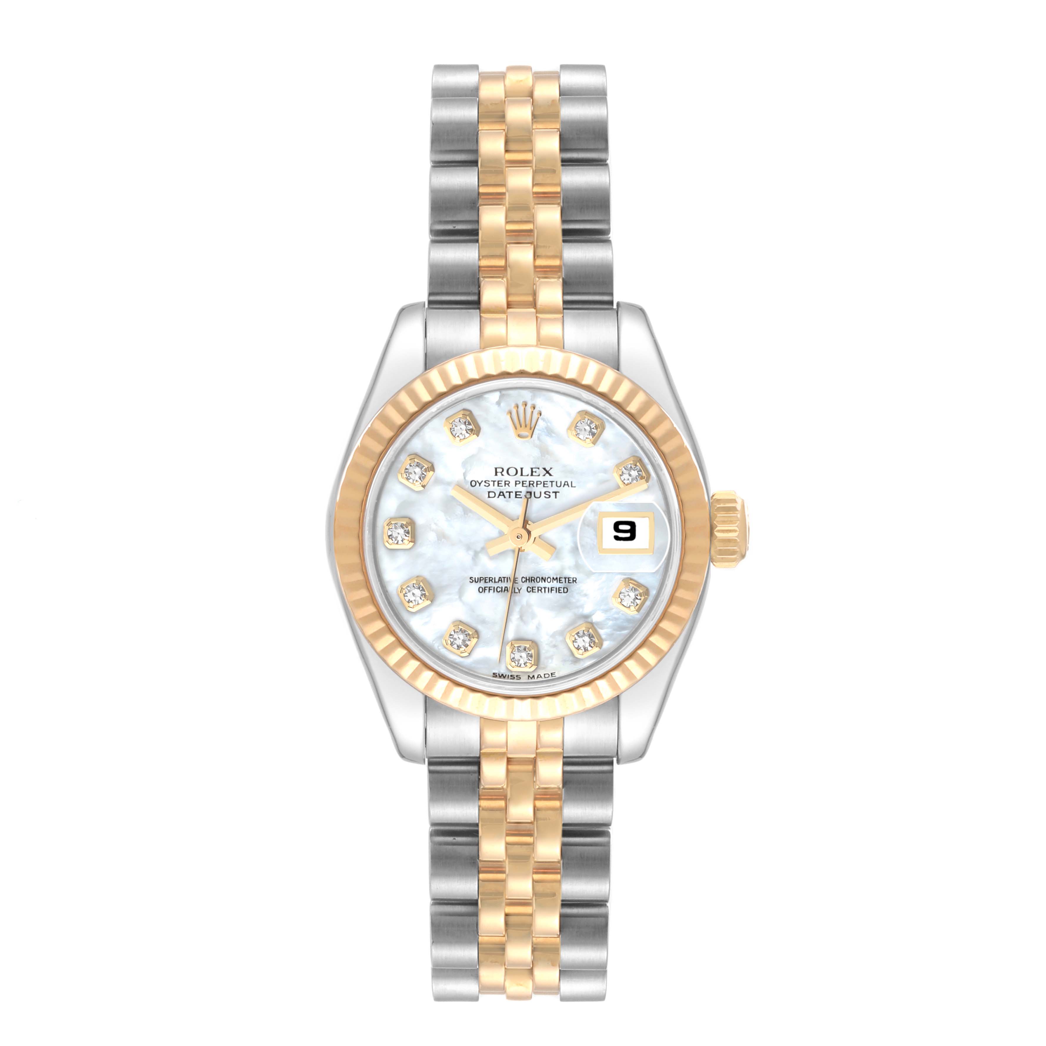 The image shows the front view of a Rolex Datejust 179173 Women's Steel and Gold (two tone) Mother of Pearl Dial 179173 Women's Steel and Gold (two tone) Mother of Pearl Dial watch with a two-tone jubilee bracelet, fluted bezel, and diamond markers.
