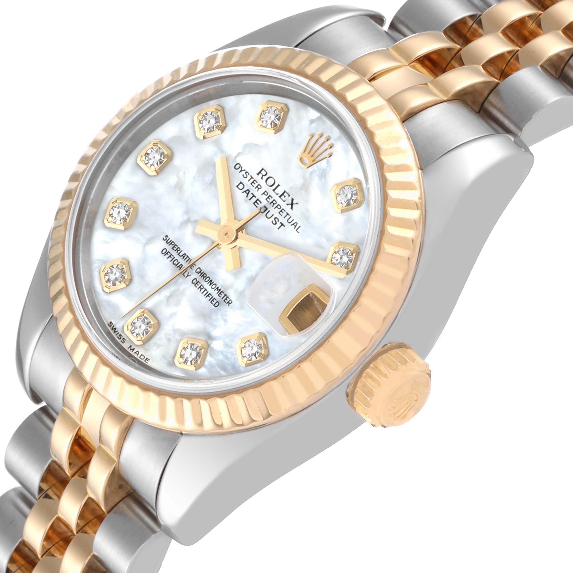 The image shows the top and side view of a Rolex Datejust 179173 Women's Steel and Gold (two tone) Mother of Pearl Dial 179173 Women's Steel and Gold (two tone) Mother of Pearl Dial watch, highlighting its dial, bezel, and bracelet.