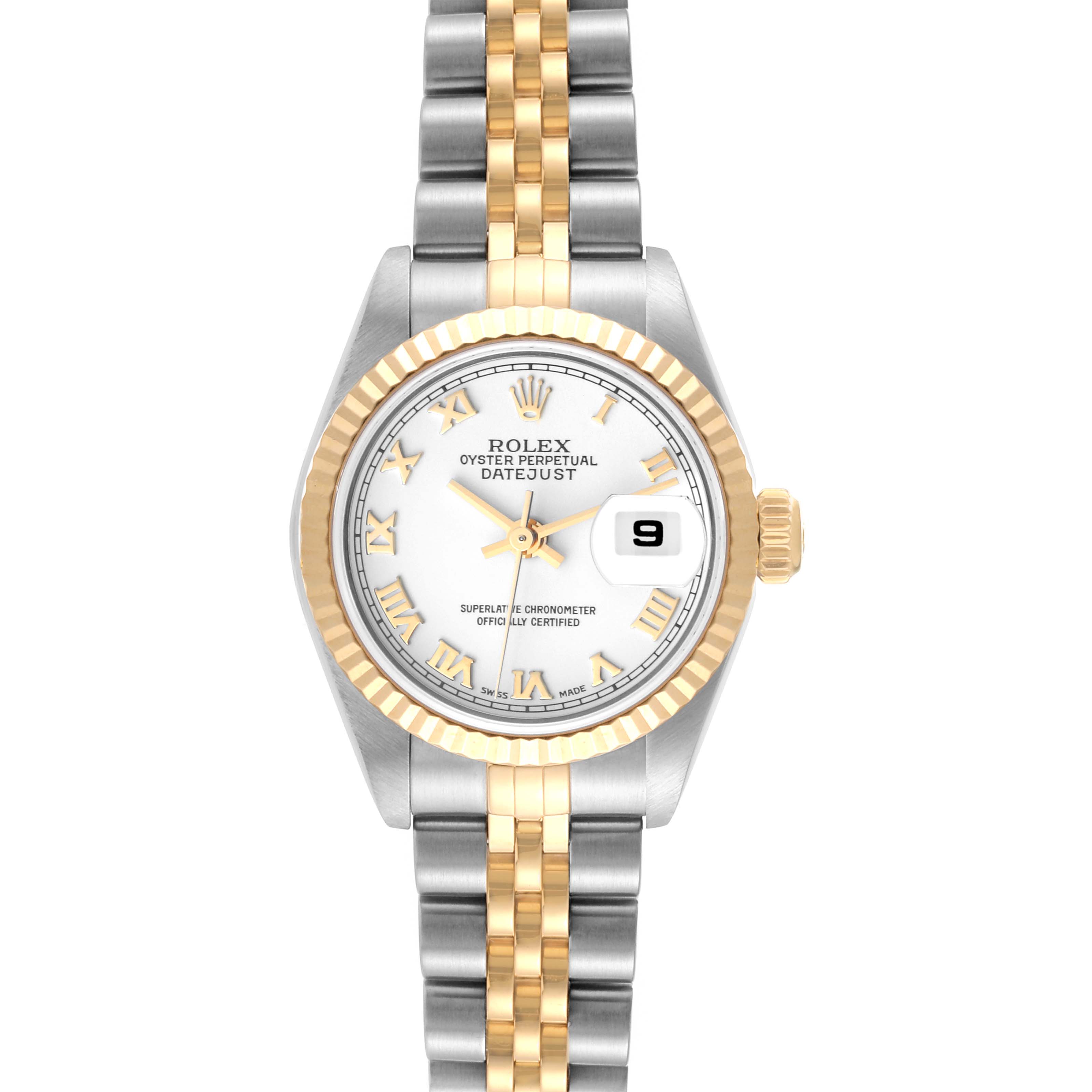 The image shows a front view of a Rolex Datejust 79173 Women's Steel and Gold (two tone) White Dial 79173 Women's Steel and Gold (two tone) White Dial watch, highlighting the dial, bezel, and two-tone bracelet.