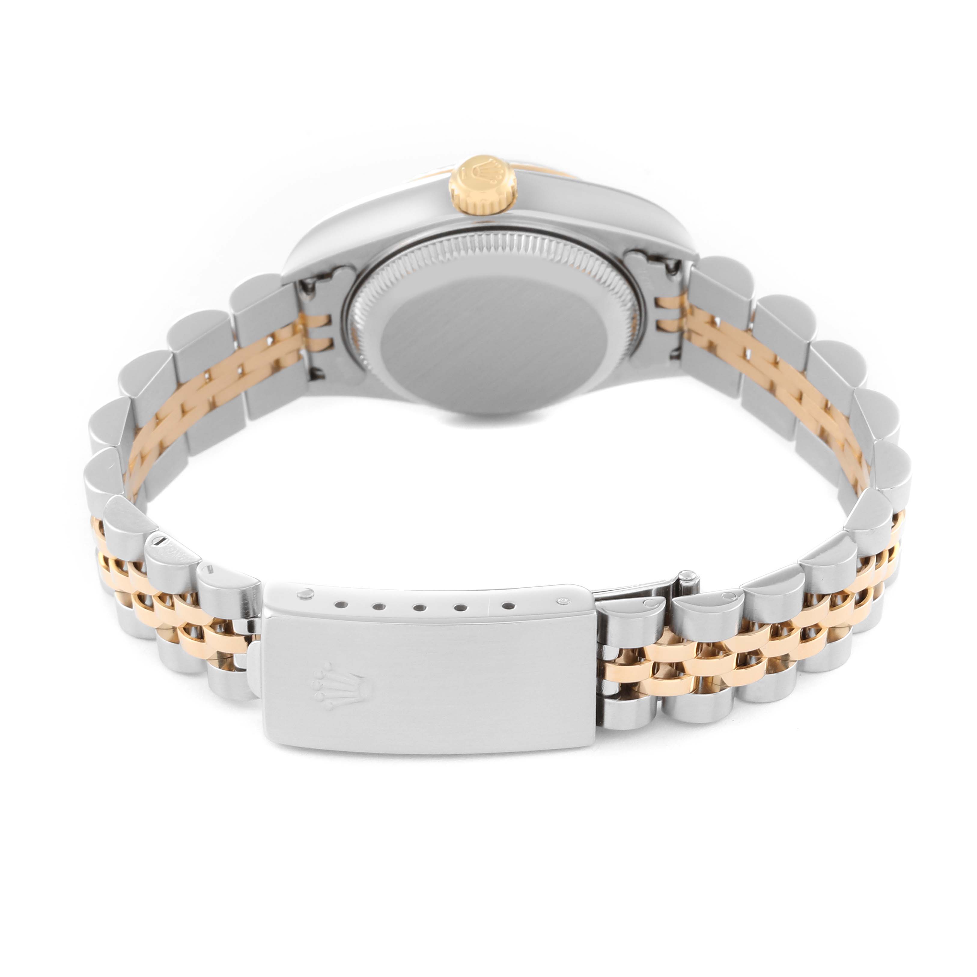 The image shows the back and clasp of a Rolex Datejust 79173 Women's Steel and Gold (two tone) White Dial 79173 Women's Steel and Gold (two tone) White Dial watch, highlighting its two-tone metal bracelet and case back.