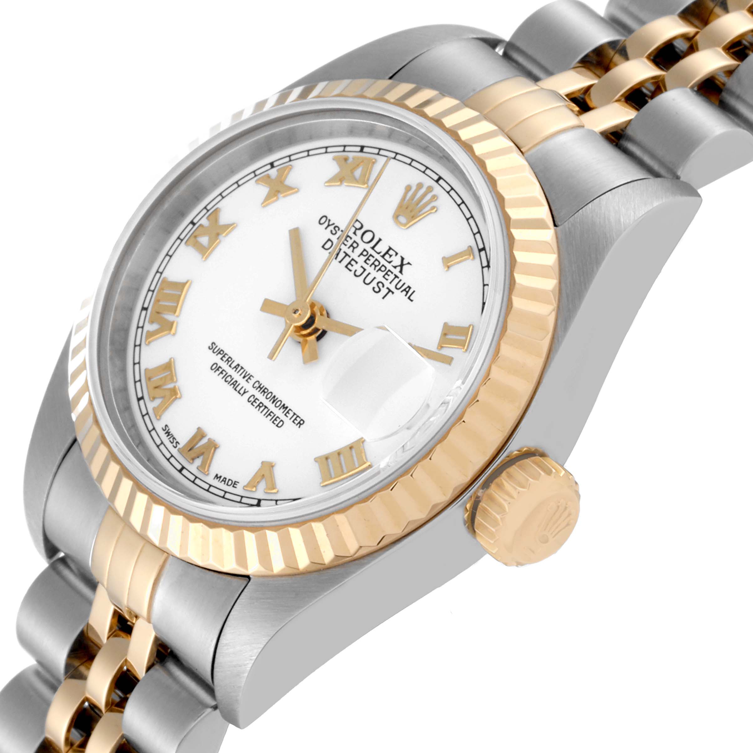 The image shows a Rolex Datejust 79173 Women's Steel and Gold (two tone) White Dial 79173 Women's Steel and Gold (two tone) White Dial watch from an angled side view, highlighting the bezel, face, crown, and bracelet.