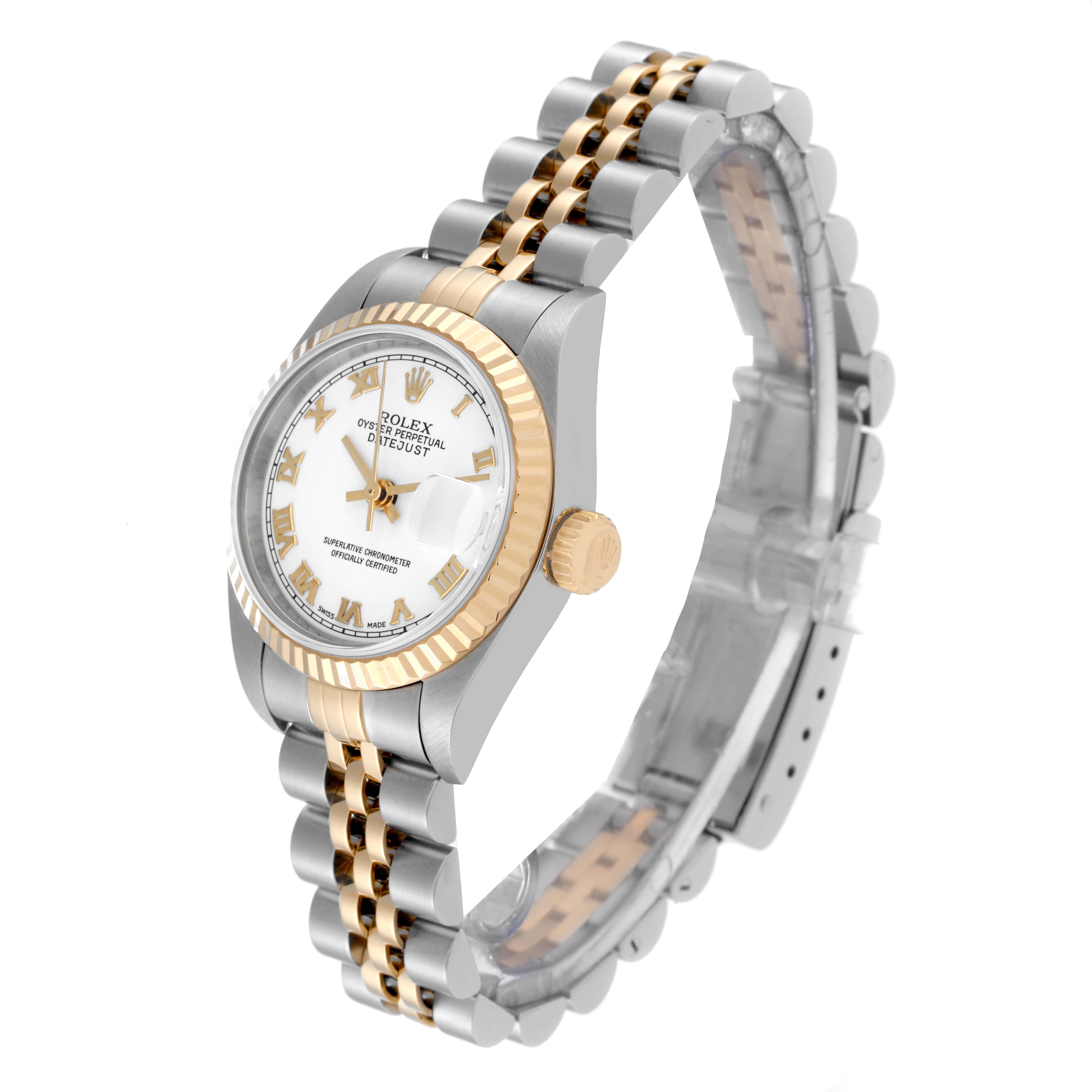 The image displays a side-angle view of a Rolex Datejust 79173 Women's Steel and Gold (two tone) White Dial 79173 Women's Steel and Gold (two tone) White Dial watch, highlighting its face, bezel, crown, and bracelet.